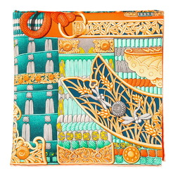 Hermes HERMES Carré 90 Samurai Armor Parures de Samourais Scarf Silk Corail Turquoise