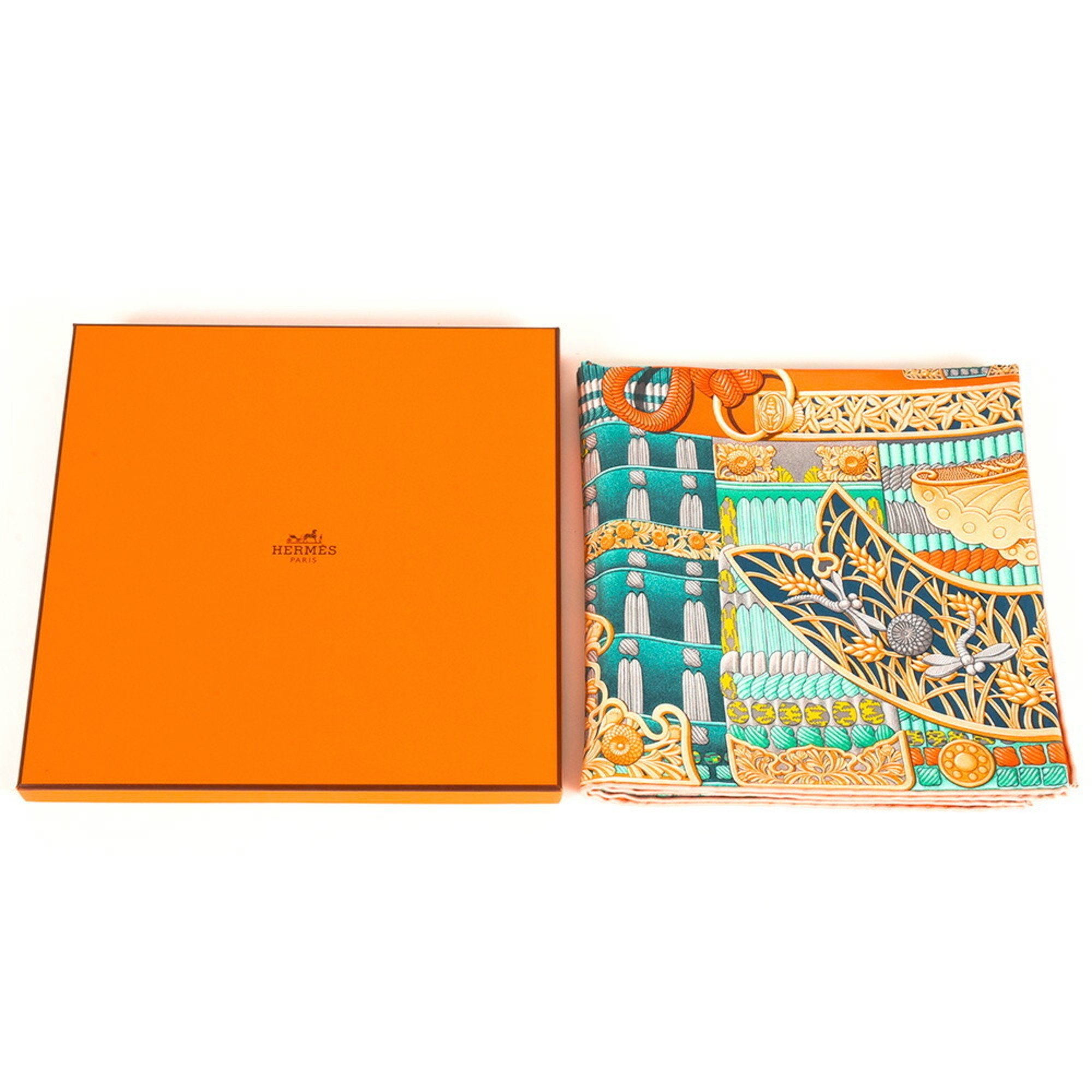 Hermes HERMES Carré 90 Samurai Armor Parures de Samourais Scarf Silk Corail Turquoise