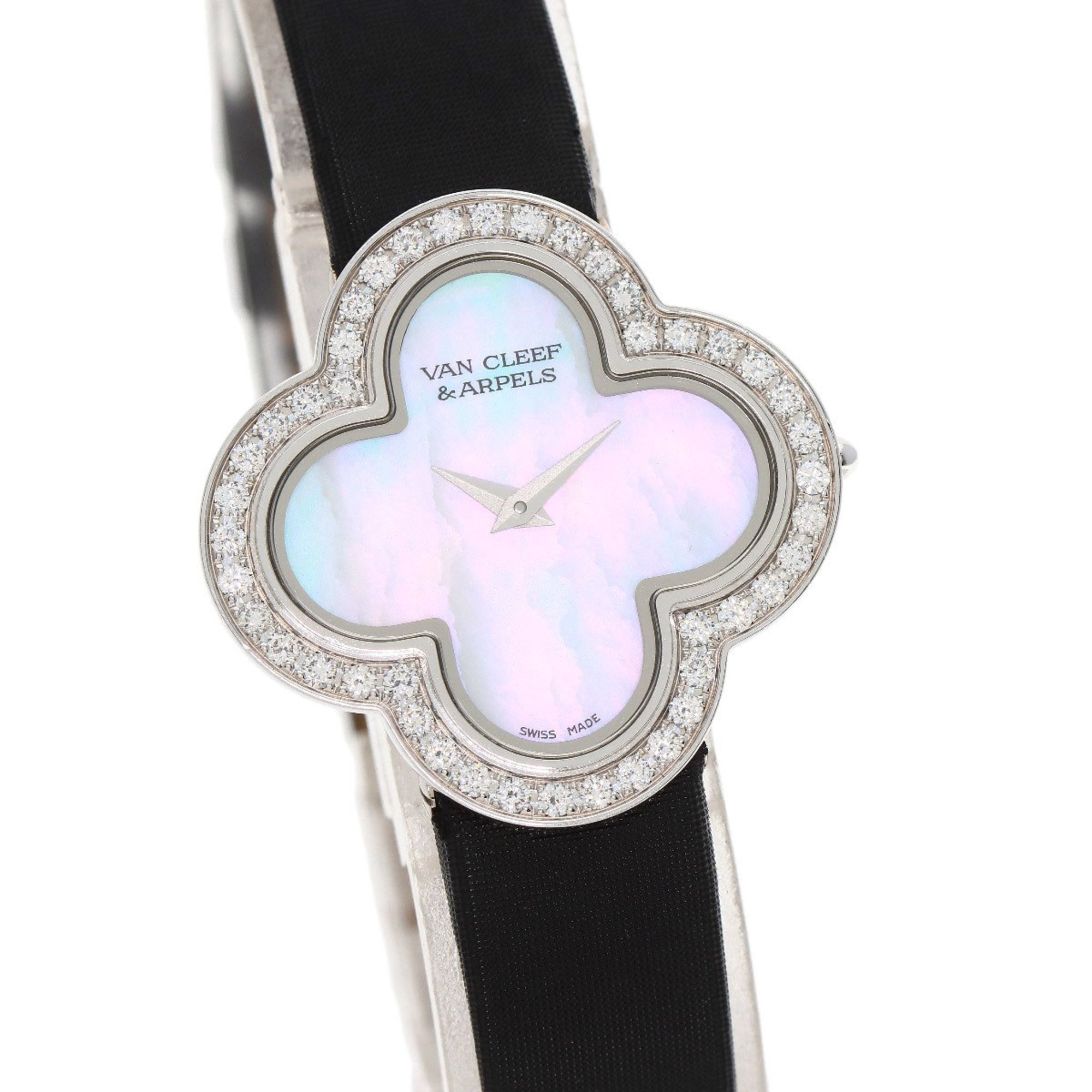 Van Cleef & Arpels VCARM95800 Alhambra Small Model Diamond Watch K18 White Gold Satin Women's