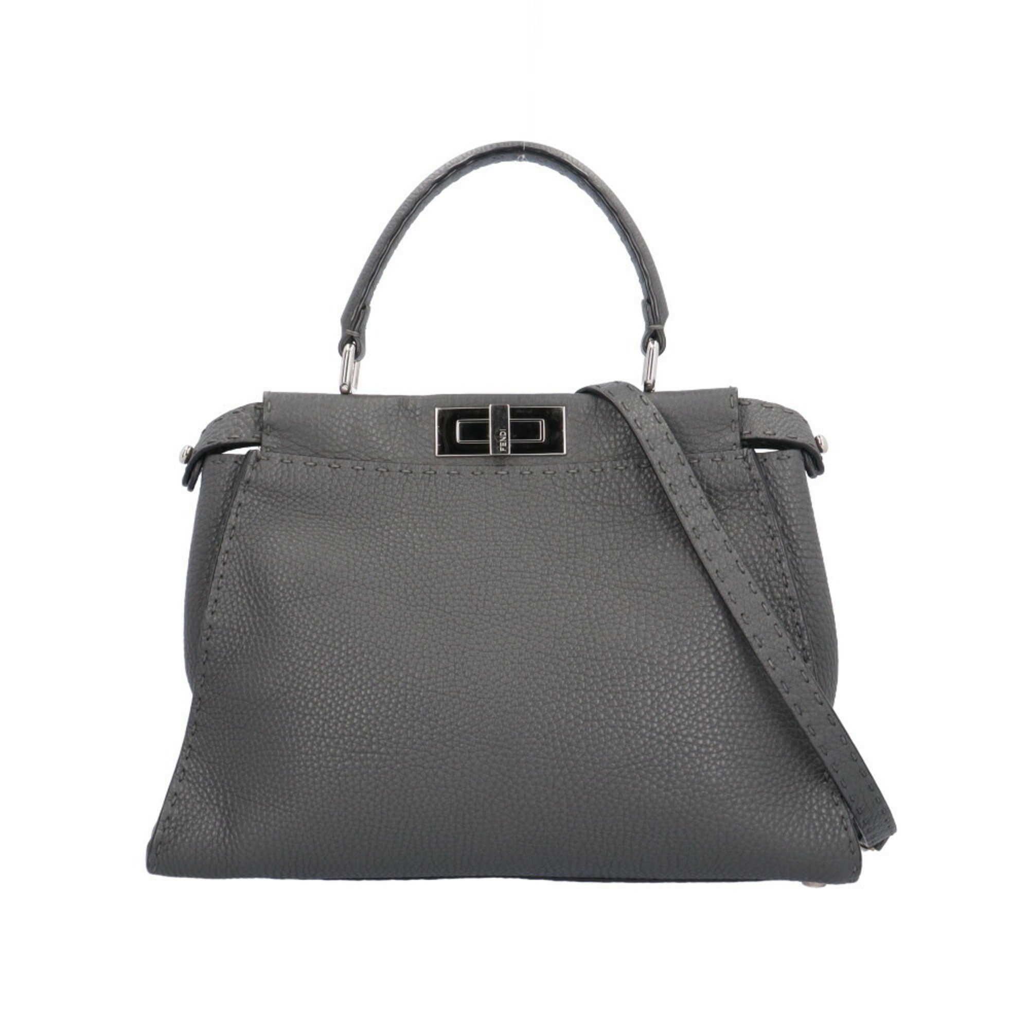 FENDI Peekaboo Selleria Shoulder Bag Leather 8BN226 Grey Women's