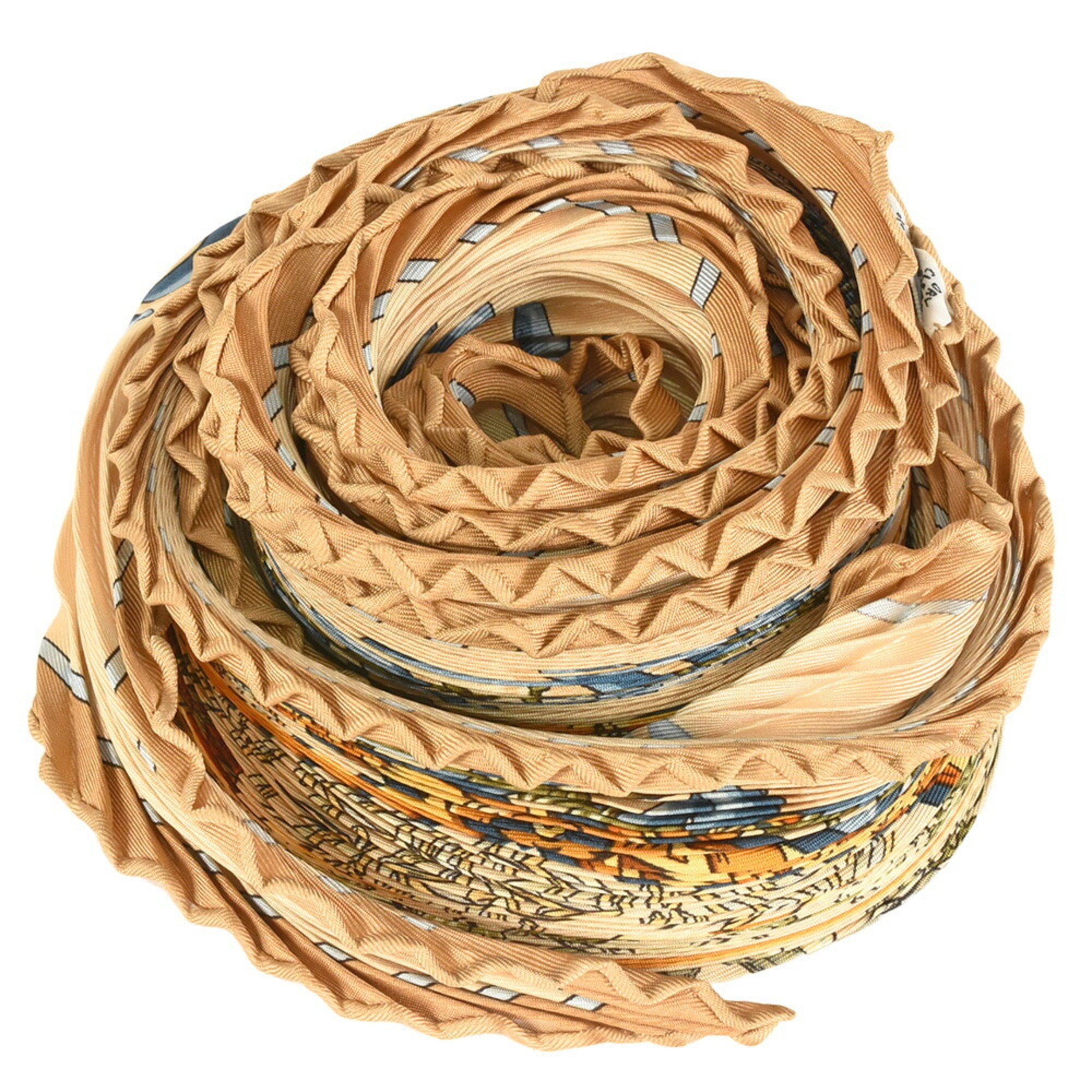 Hermes HERMES Carre 90 Pleated In the Land of Spices AUX PAY DES EPICE Scarf Silk Beige