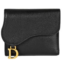 Dior SADDLE Lotus Wallet Tri-fold Grain Leather Black Women's