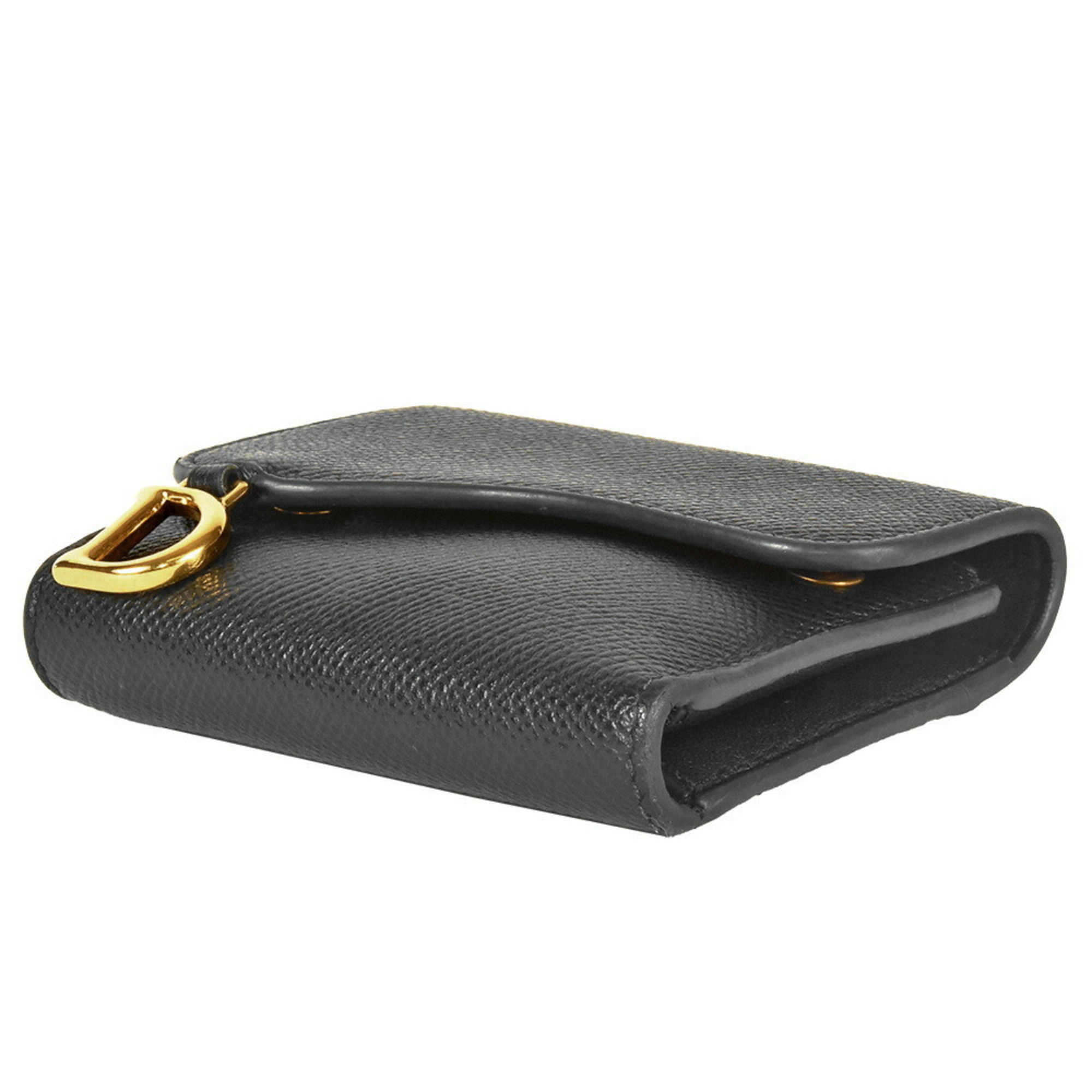 Dior SADDLE Lotus Wallet Tri-fold Grain Leather Black Women's