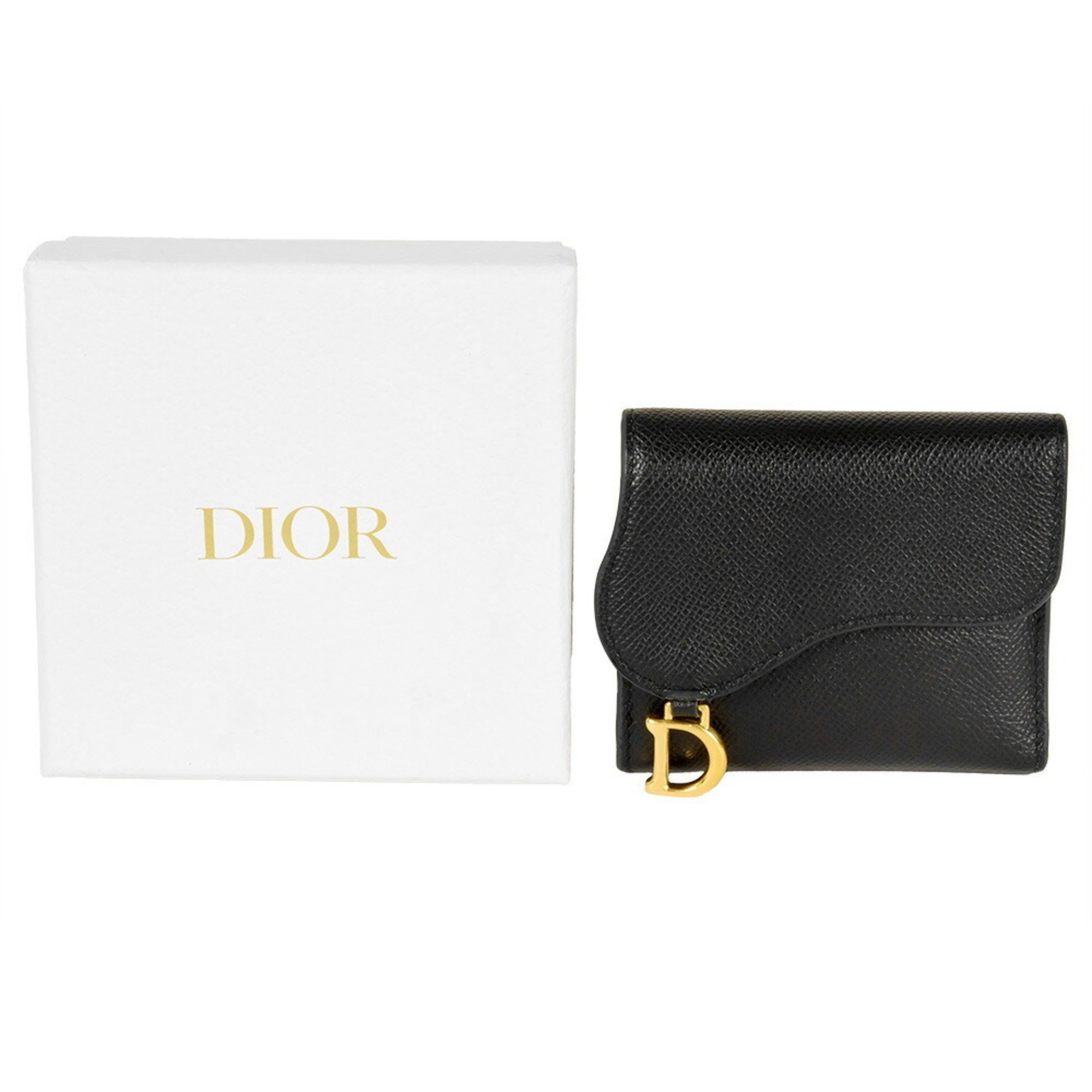 Dior SADDLE Lotus Wallet Tri-fold Grain Leather Black Women's