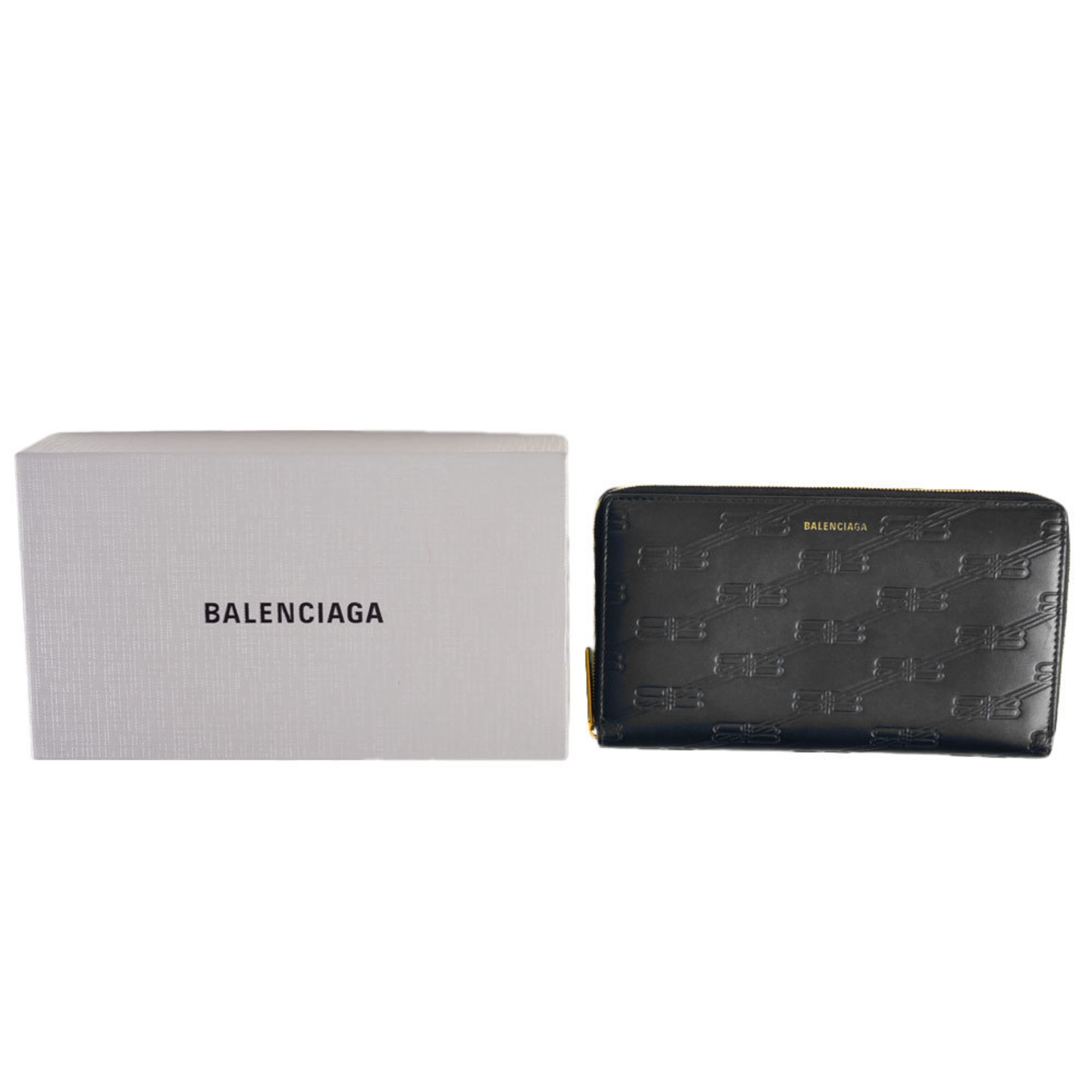 BALENCIAGA BB Monogram Continental Wallet Round Leather 717787 Black Long