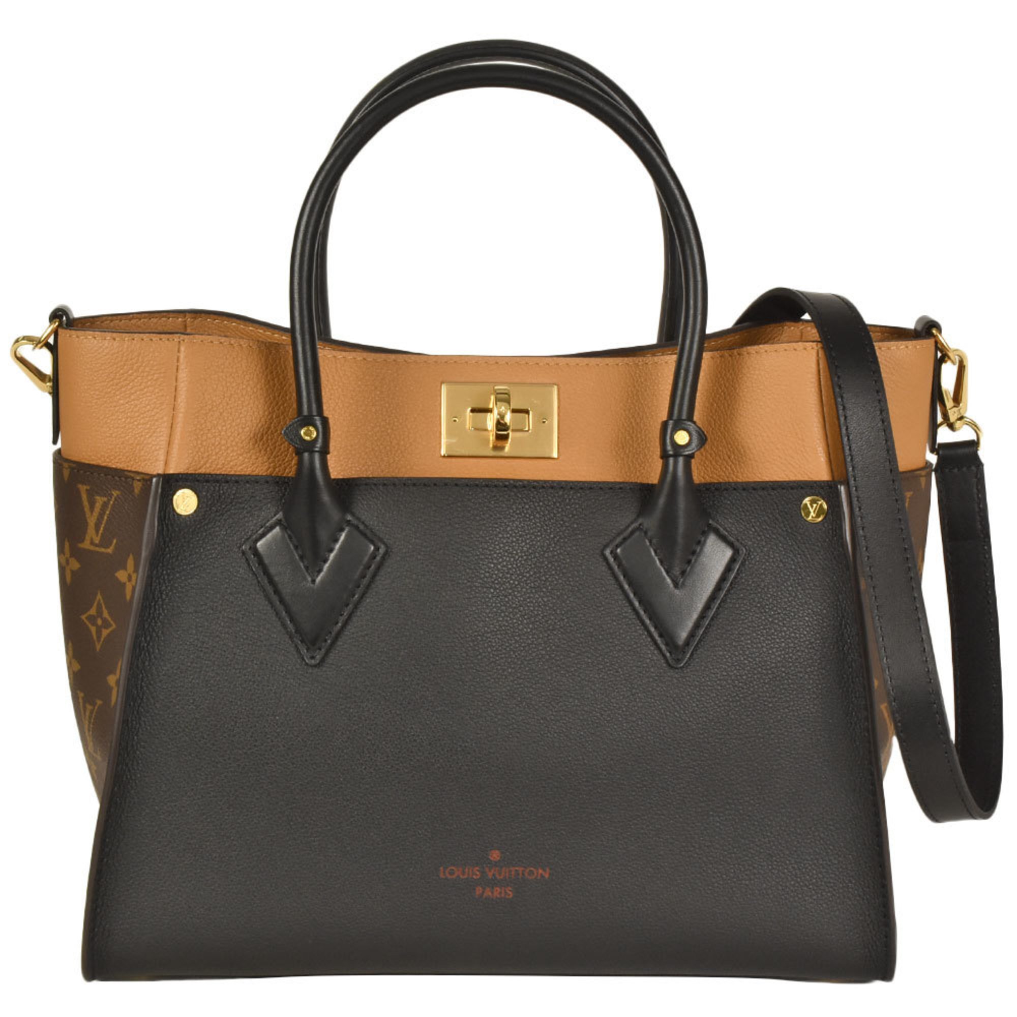 LOUIS VUITTON On My Side MM Tote Bag Monogram Canvas Grained Calf Leather M53823 Noir AH0241 Women's