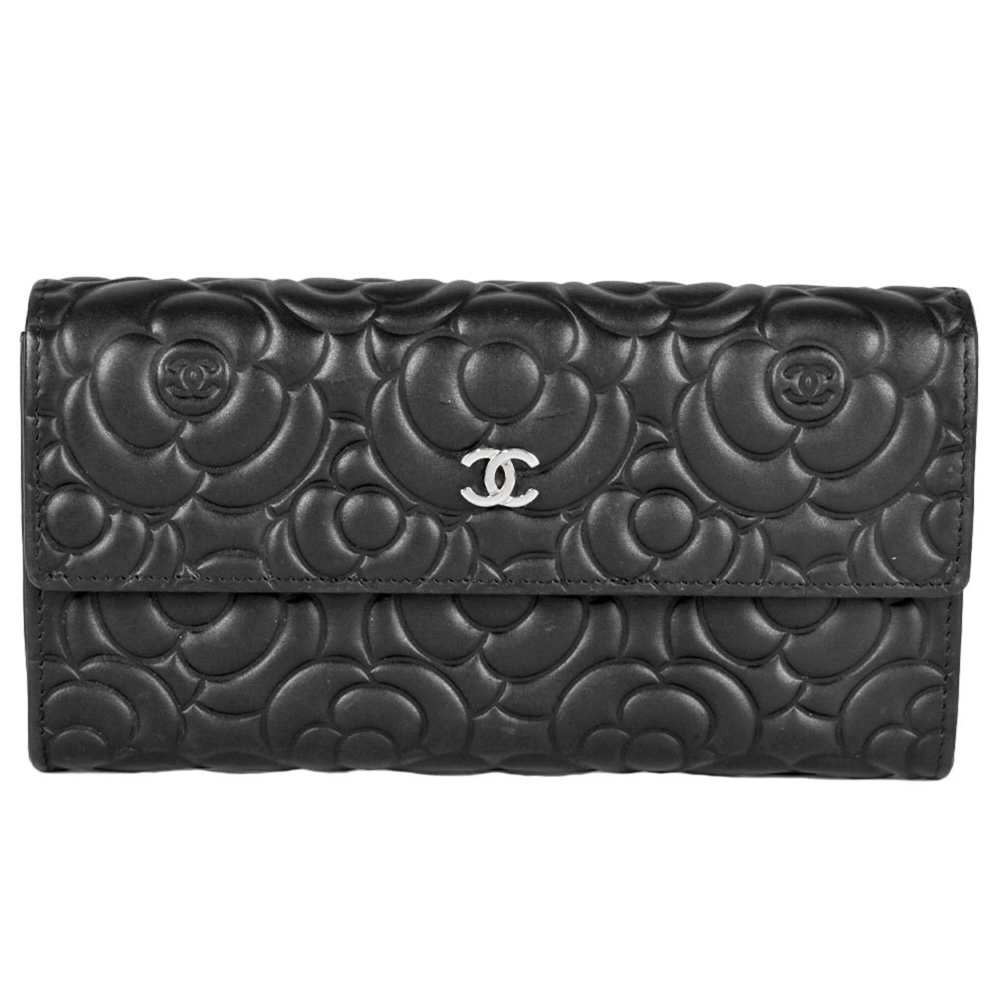 CHANEL Camellia Long Wallet Lambskin Black Women's