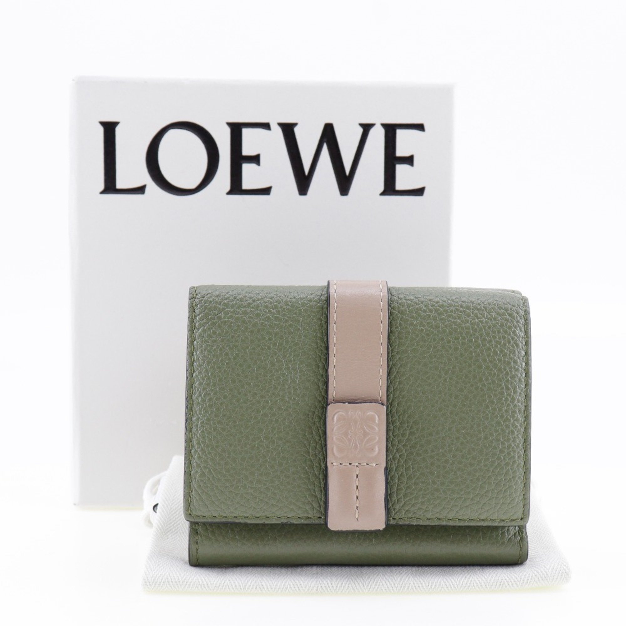 LOEWE Trifold Wallet Calf Khaki Snap Button Women's