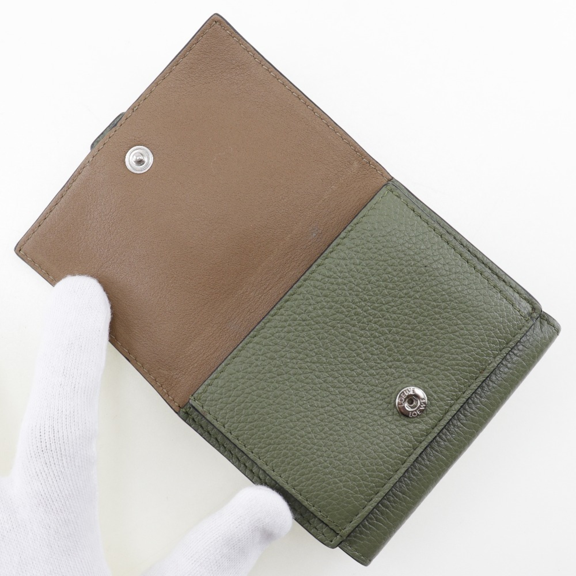 LOEWE Trifold Wallet Calf Khaki Snap Button Women's