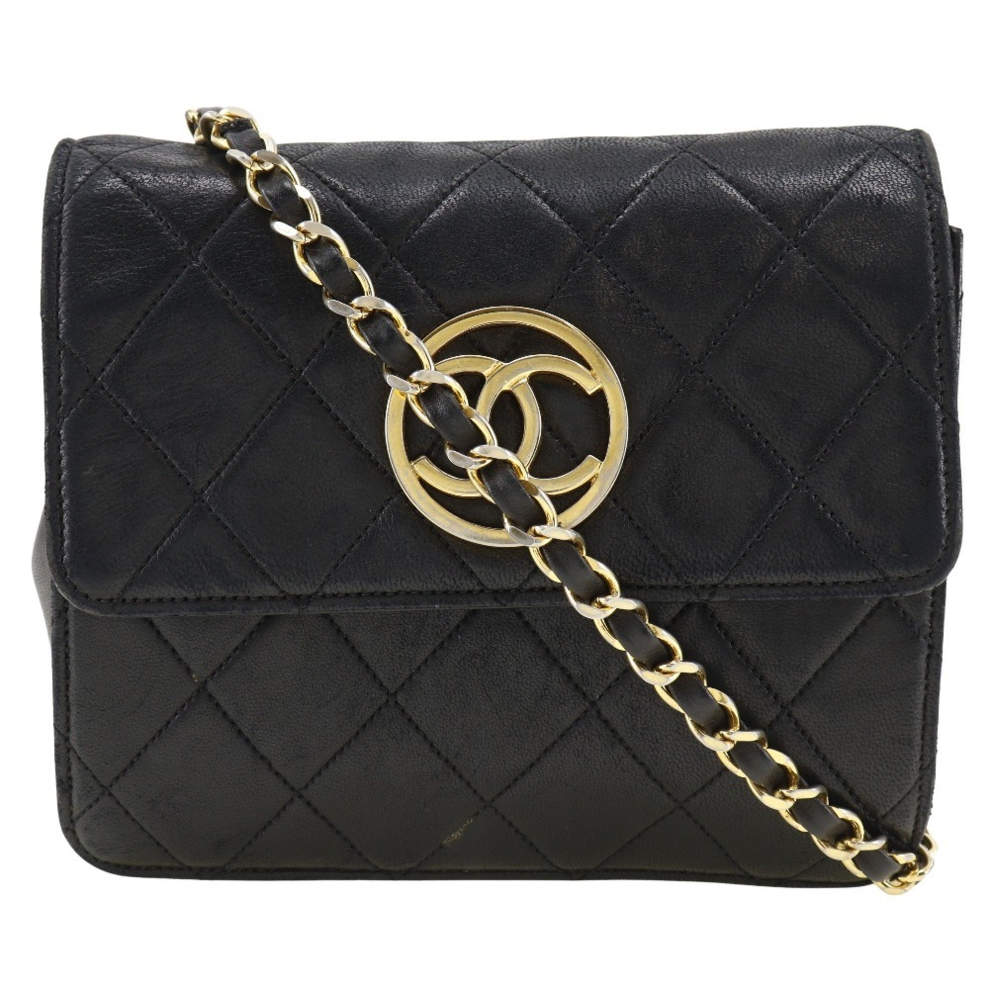 CHANEL Chain Shoulder Bag, Matelasse, Lambskin, Black, Mini ChainShoulder, Women's