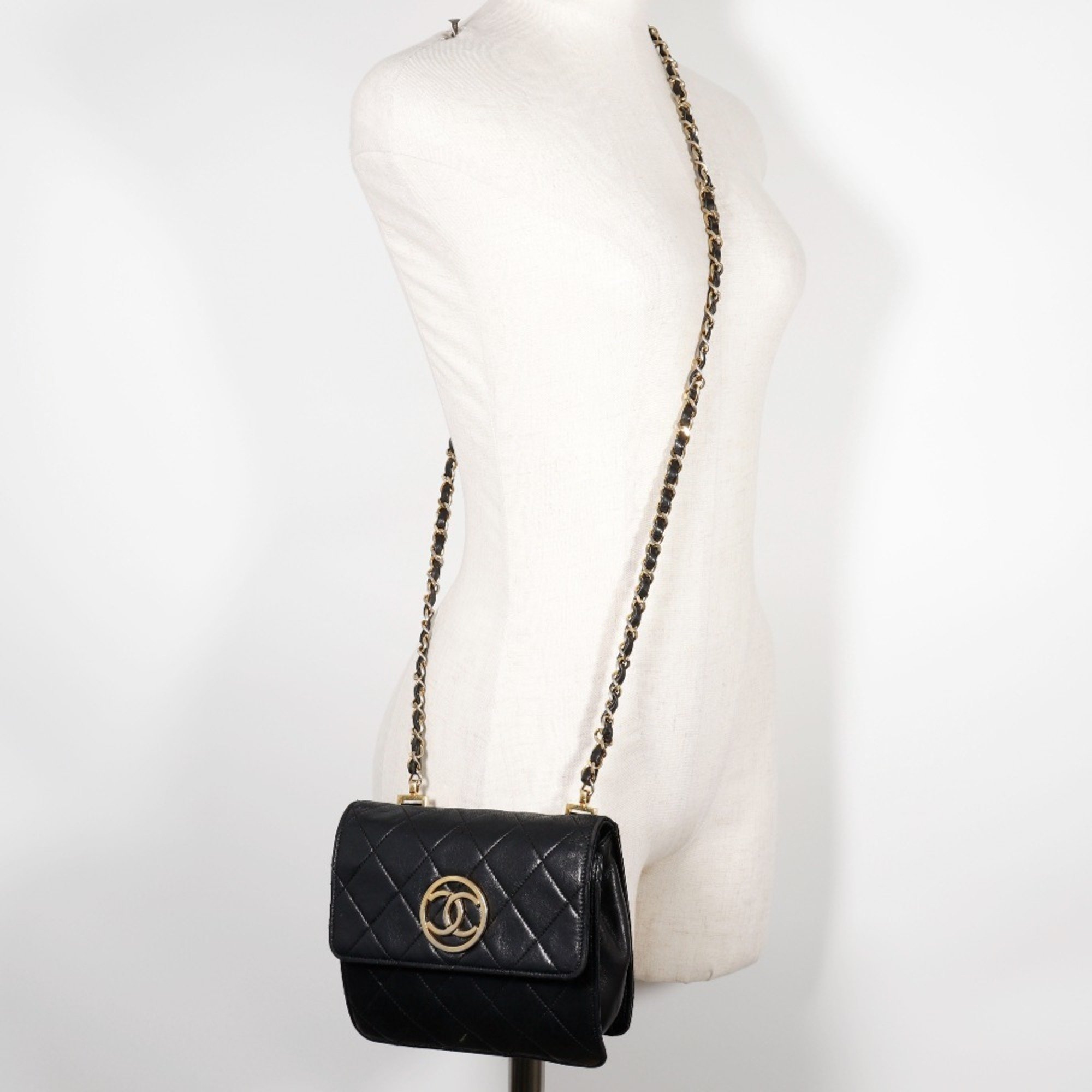 CHANEL Chain Shoulder Bag, Matelasse, Lambskin, Black, Mini ChainShoulder, Women's