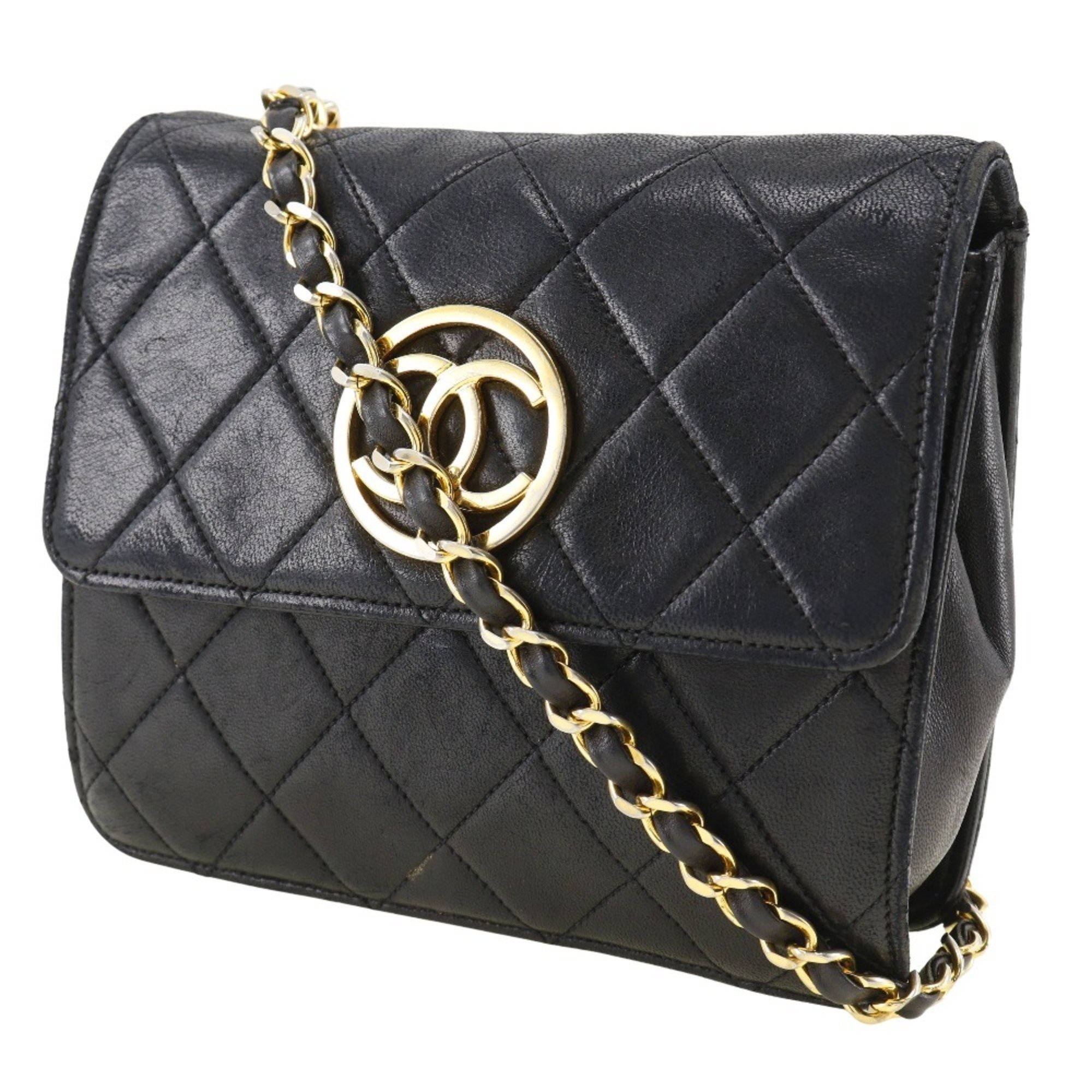 CHANEL Chain Shoulder Bag, Matelasse, Lambskin, Black, Mini ChainShoulder, Women's