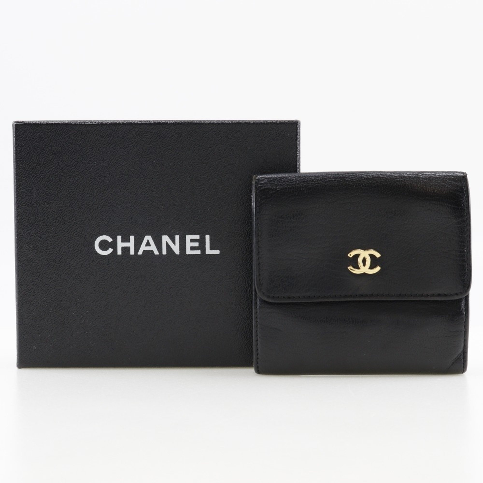 CHANEL COCO Mark Bi-fold Wallet W A13456 Calfskin Black Snap Button Women's