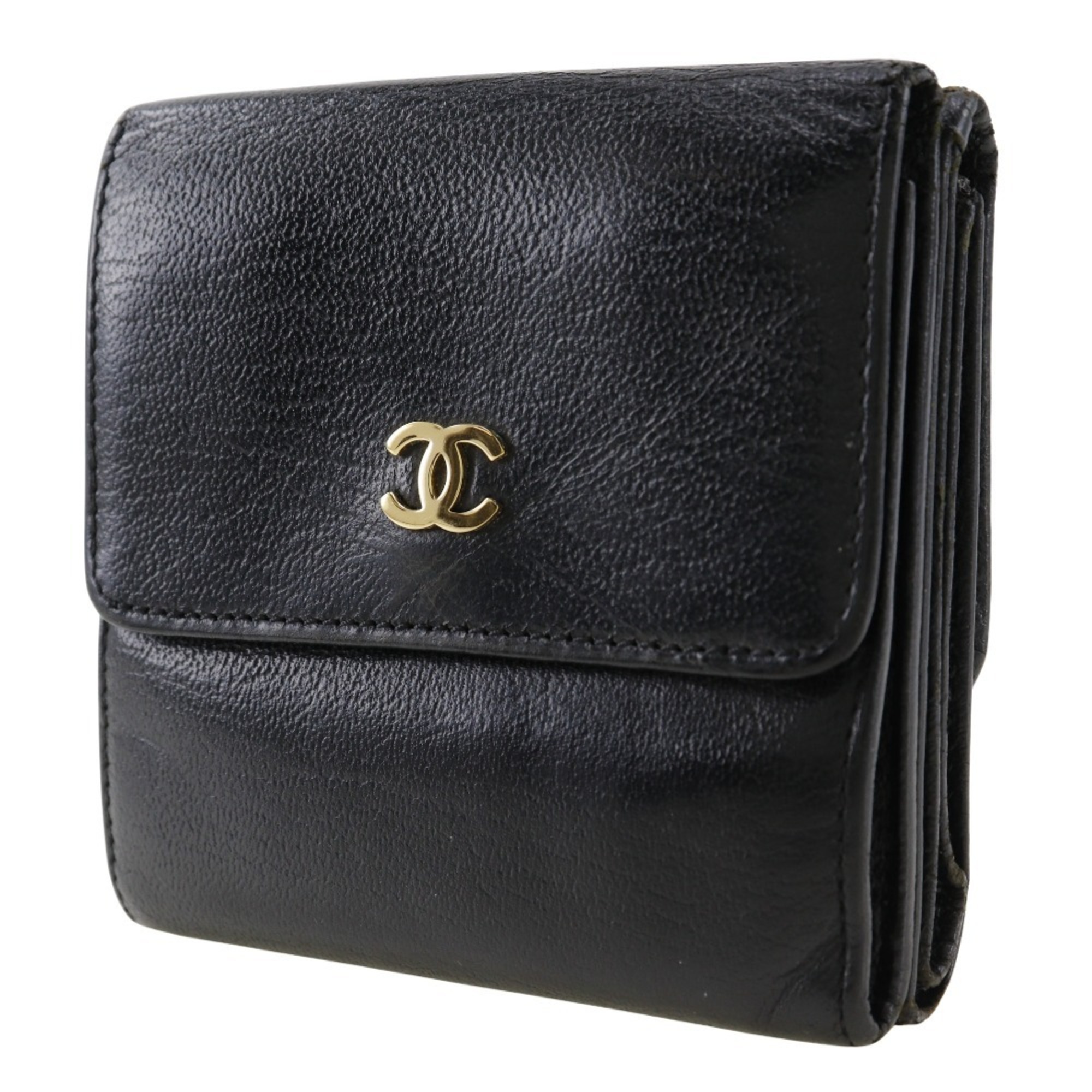 CHANEL COCO Mark Bi-fold Wallet W A13456 Calfskin Black Snap Button Women's