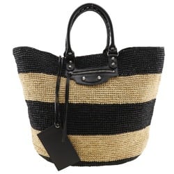 BALENCIAGA Basket bag, handbag, border, raffia, black/beige, women's