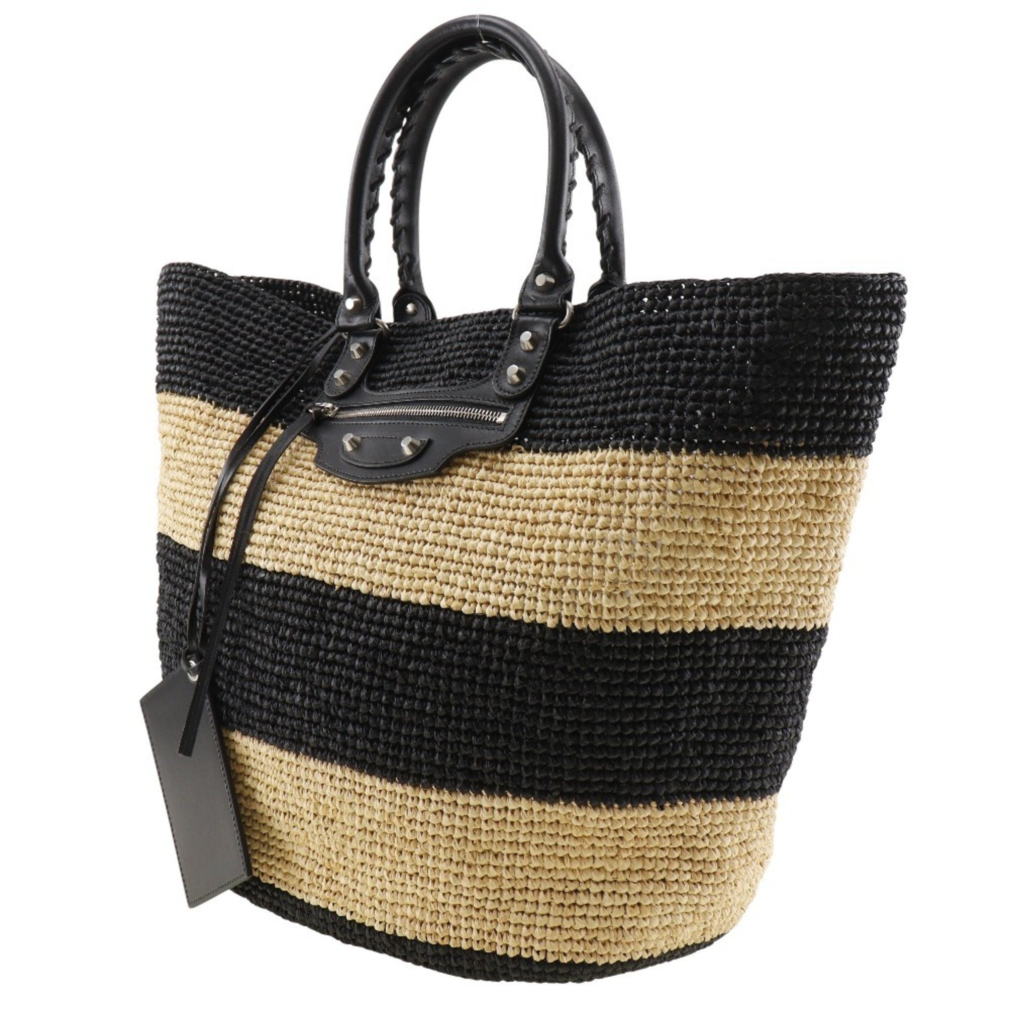 BALENCIAGA Basket bag, handbag, border, raffia, black/beige, women's