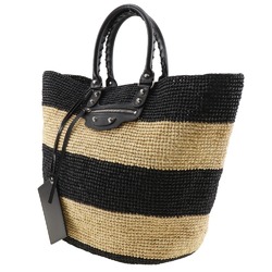 BALENCIAGA Basket bag, handbag, border, raffia, black/beige, women's