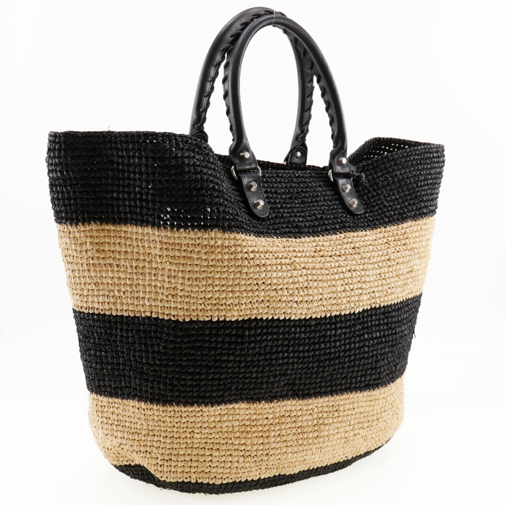 BALENCIAGA Basket bag, handbag, border, raffia, black/beige, women's