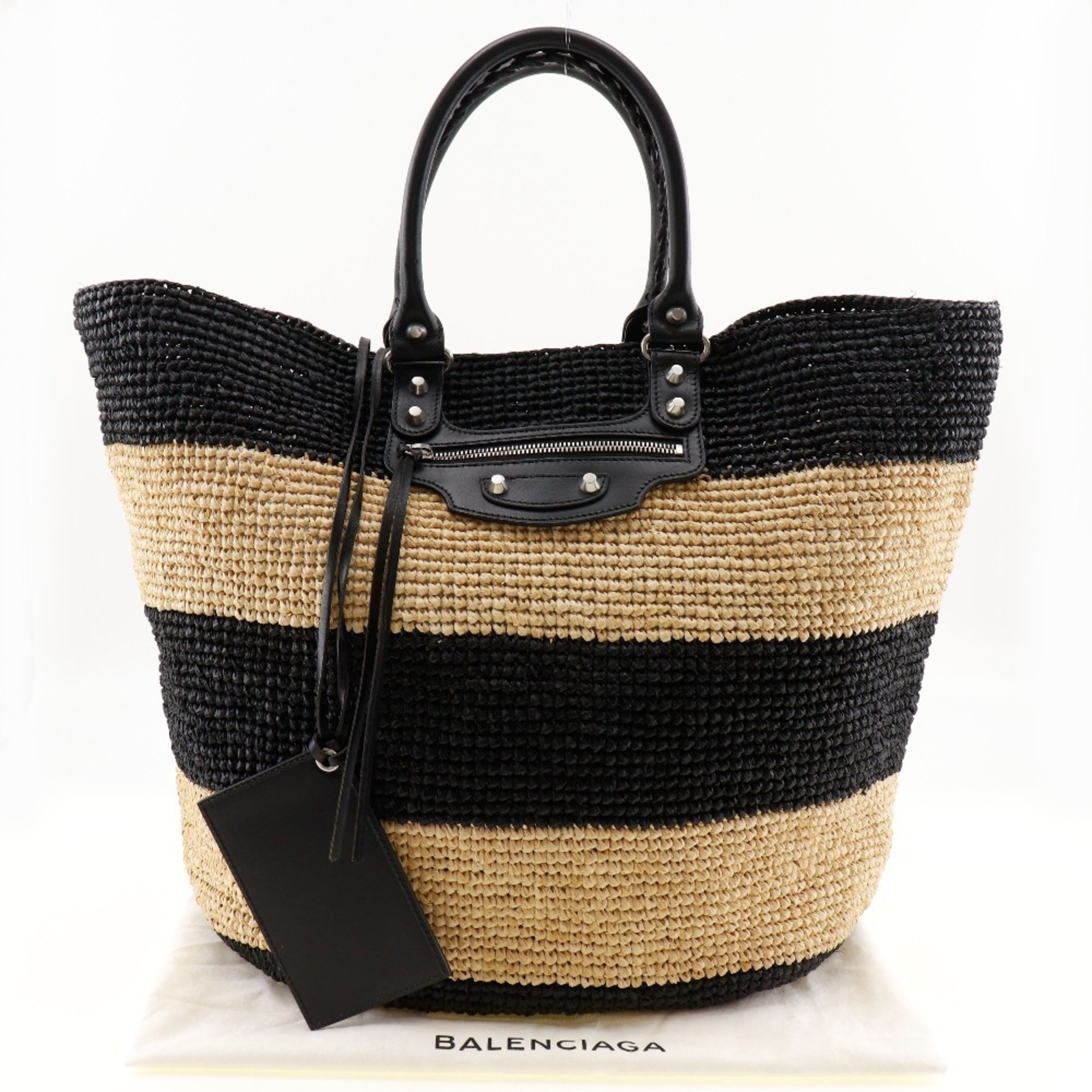 BALENCIAGA Basket bag, handbag, border, raffia, black/beige, women's