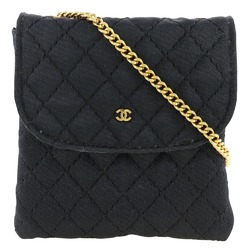 CHANEL Chain Pochette Pouch Micro Shoulder Matelasse Satin Black Snap Button Women's