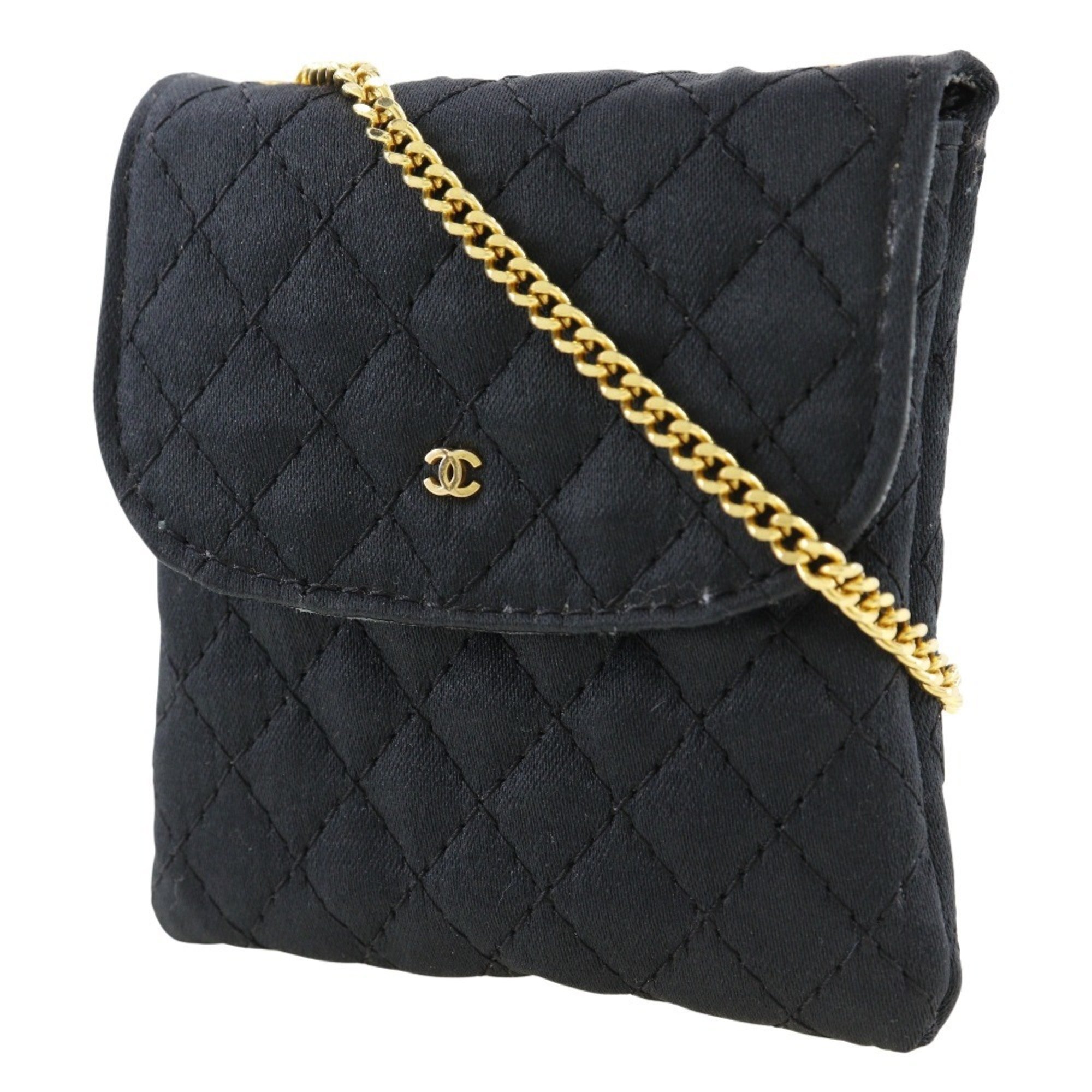 CHANEL Chain Pochette Pouch Micro Shoulder Matelasse Satin Black Snap Button Women's