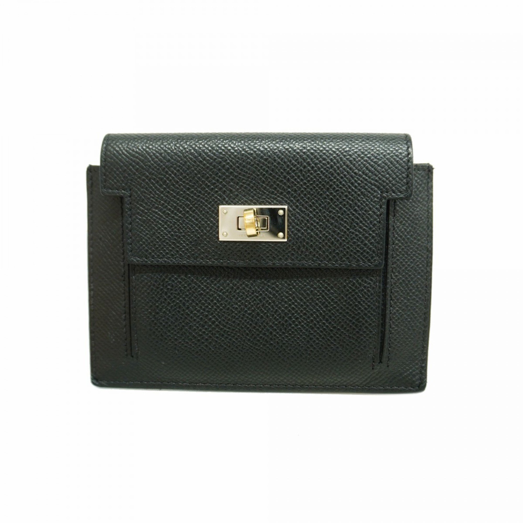 Hermes Wallet/Coin Case Kelly Pocket Compact Veau Epsom Black Y Stamp Men's Women's