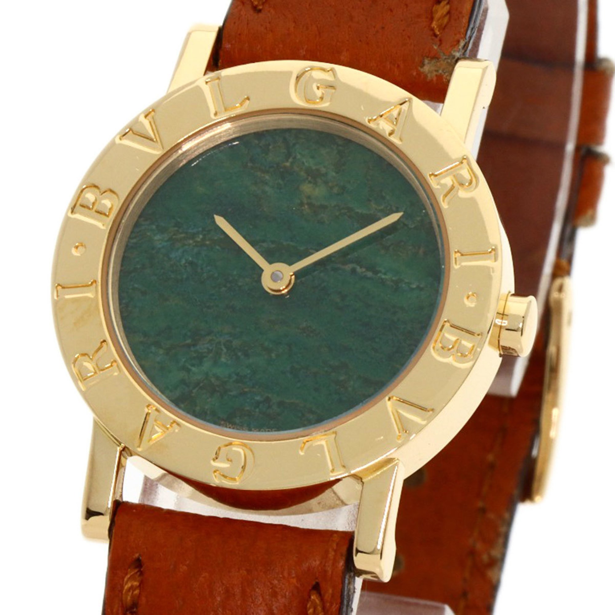 BVLGARI BB26DGL Jade Dial Watch K18 Yellow Gold Leather Women's