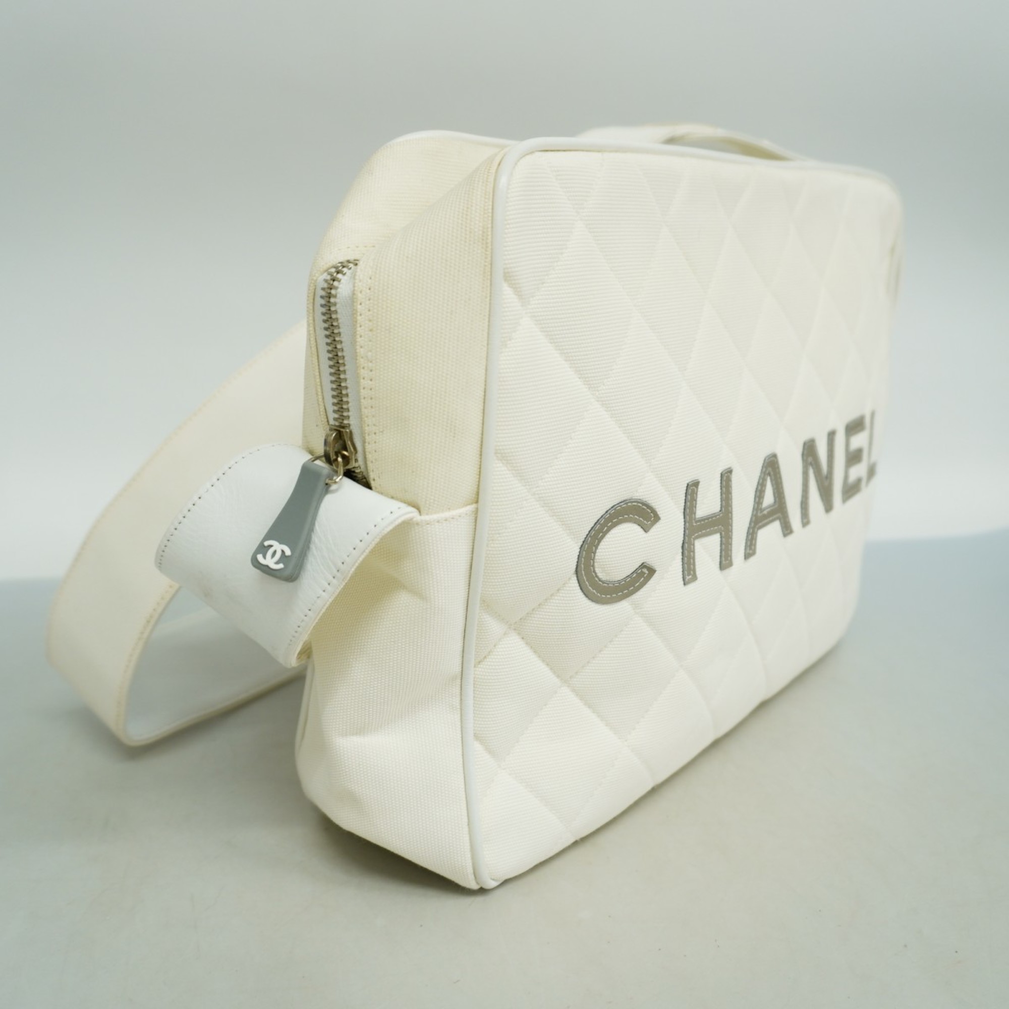 Chanel Shoulder Bag Sport Leather Canvas White Women's