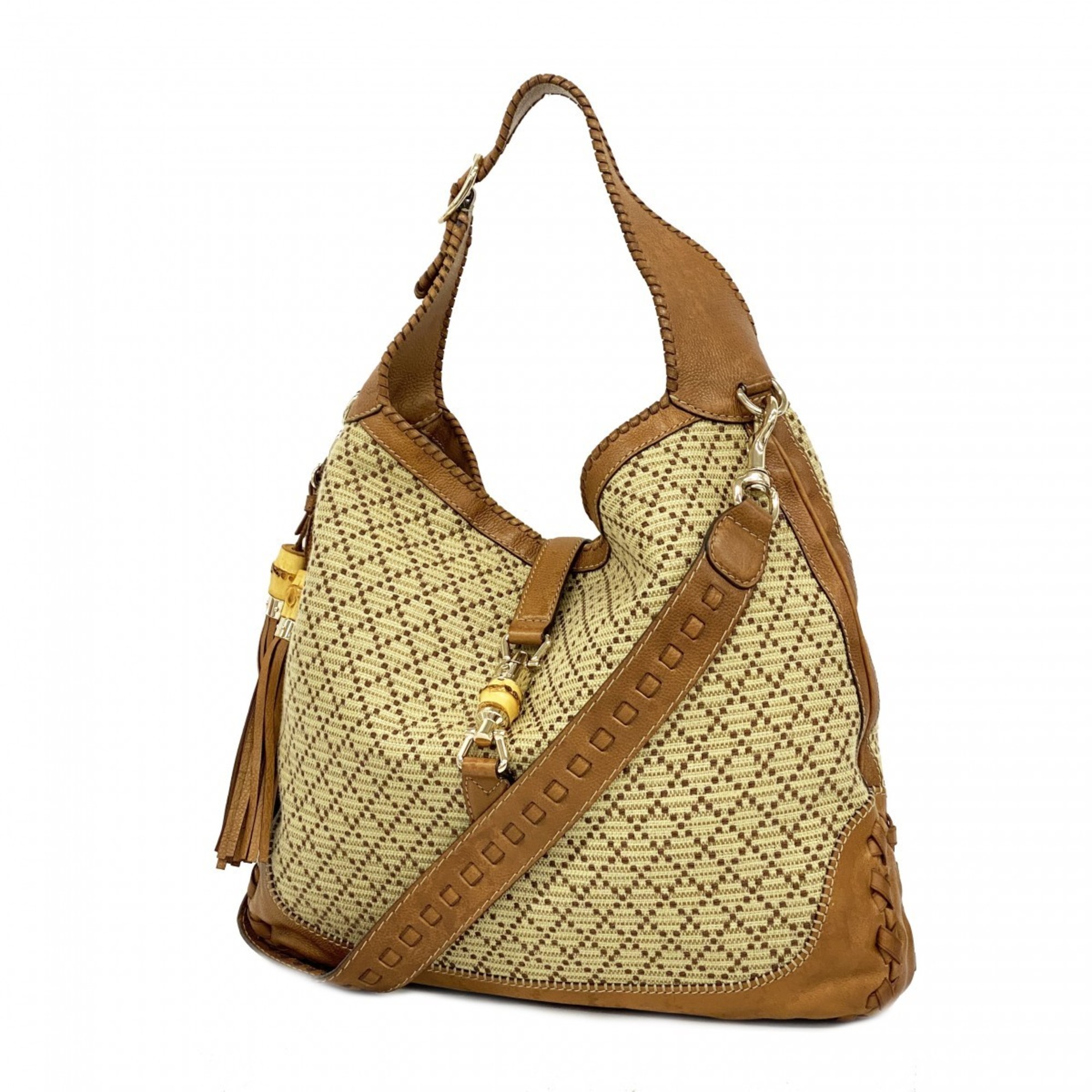 Gucci Shoulder Bag Bamboo Jackie 218491 Canvas Beige Brown Champagne Women's