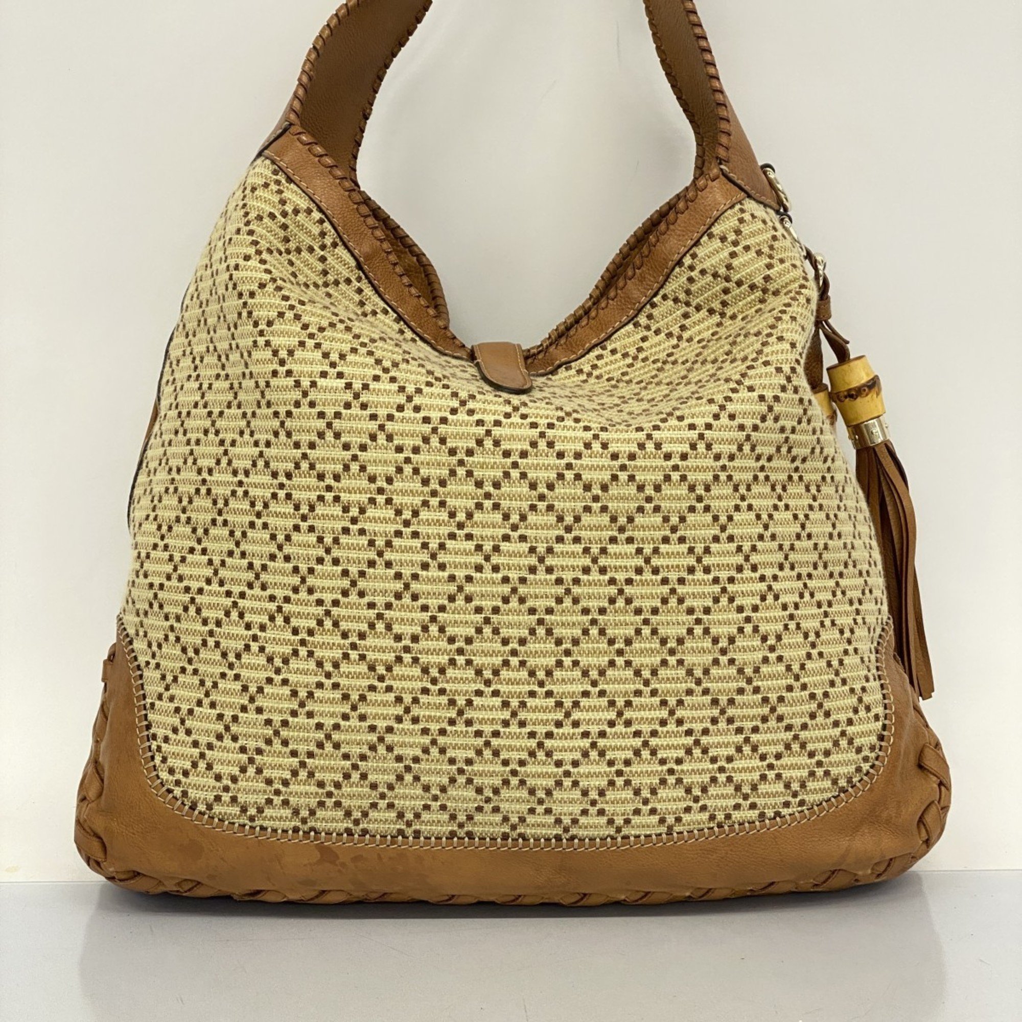 Gucci Shoulder Bag Bamboo Jackie 218491 Canvas Beige Brown Champagne Women's