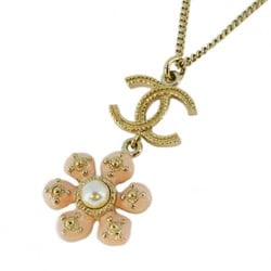 Chanel Necklace Coco Mark Flower Motif Fake Pearl GP Plated Champagne Gold Pink Ladies