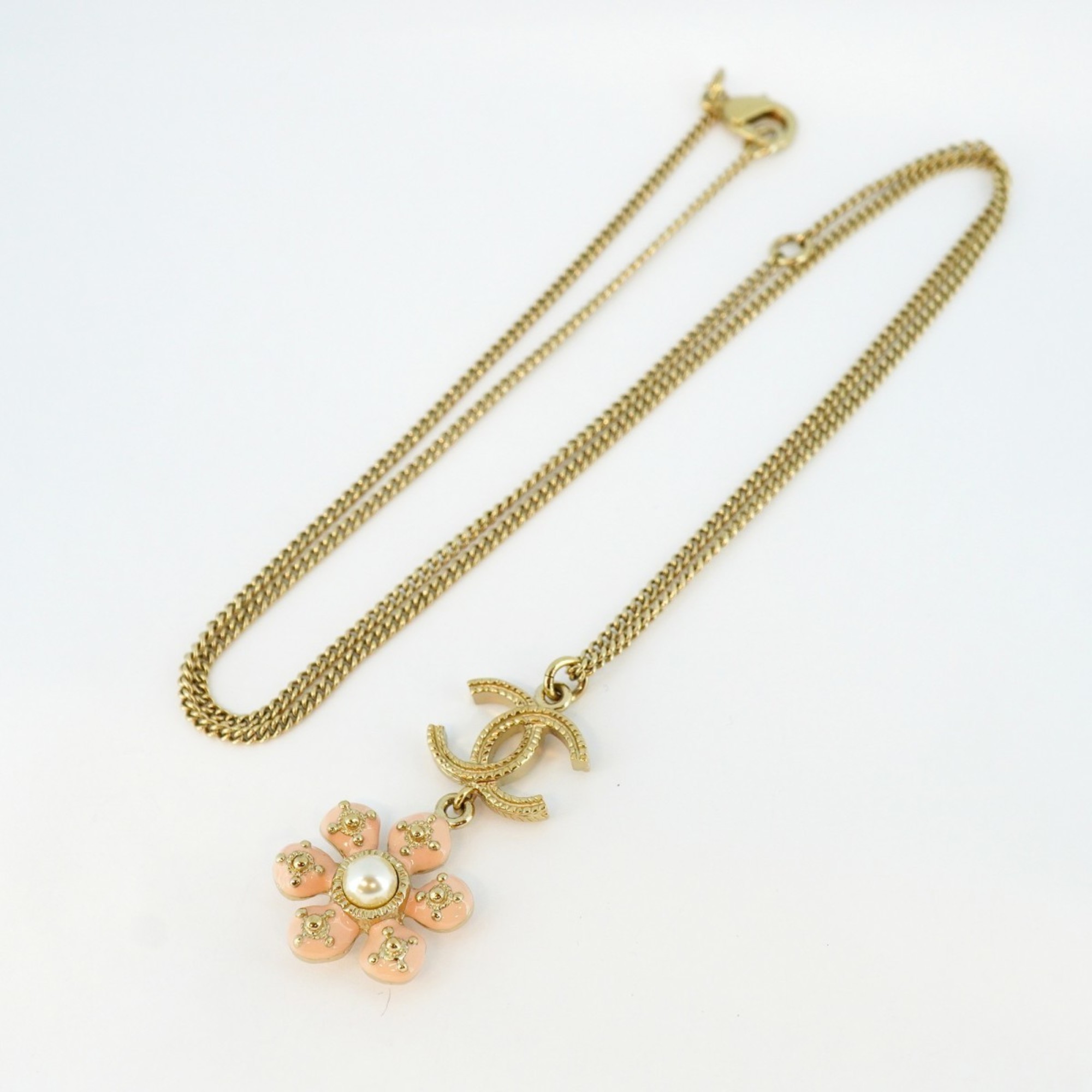 Chanel Necklace Coco Mark Flower Motif Fake Pearl GP Plated Champagne Gold Pink Ladies