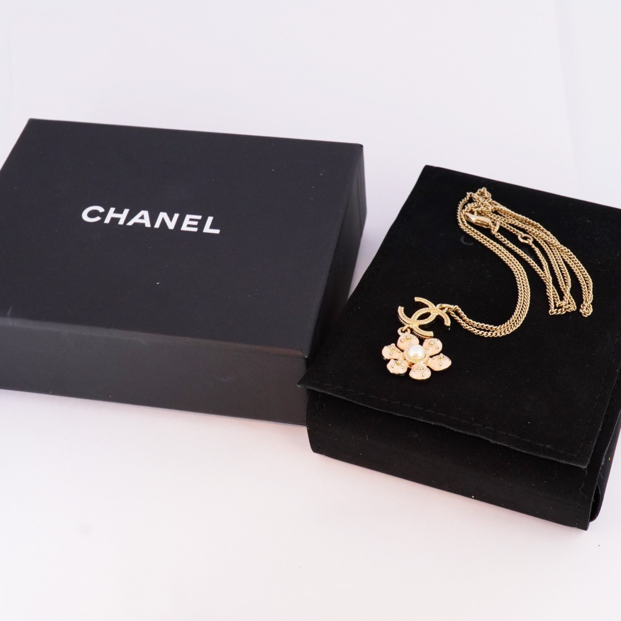 Chanel Necklace Coco Mark Flower Motif Fake Pearl GP Plated Champagne Gold Pink Ladies