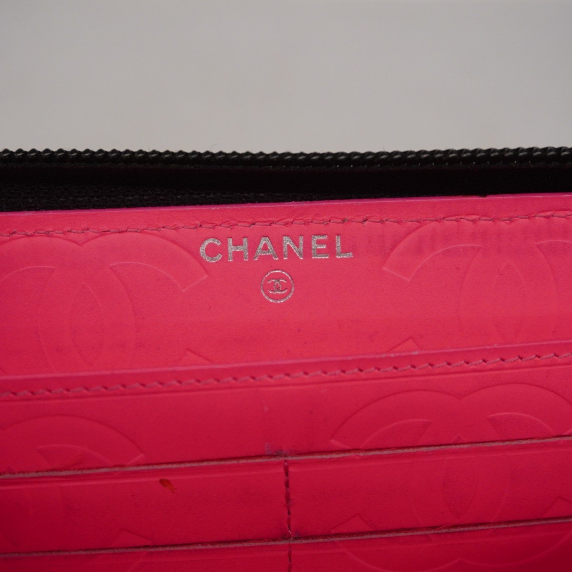 Chanel Long Wallet Cambon Lambskin Patent Leather Black Pink Women's