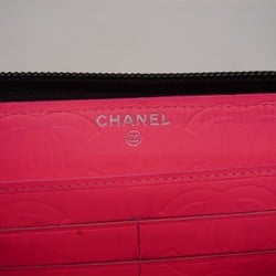 Chanel Long Wallet Cambon Lambskin Patent Leather Black Pink Women's