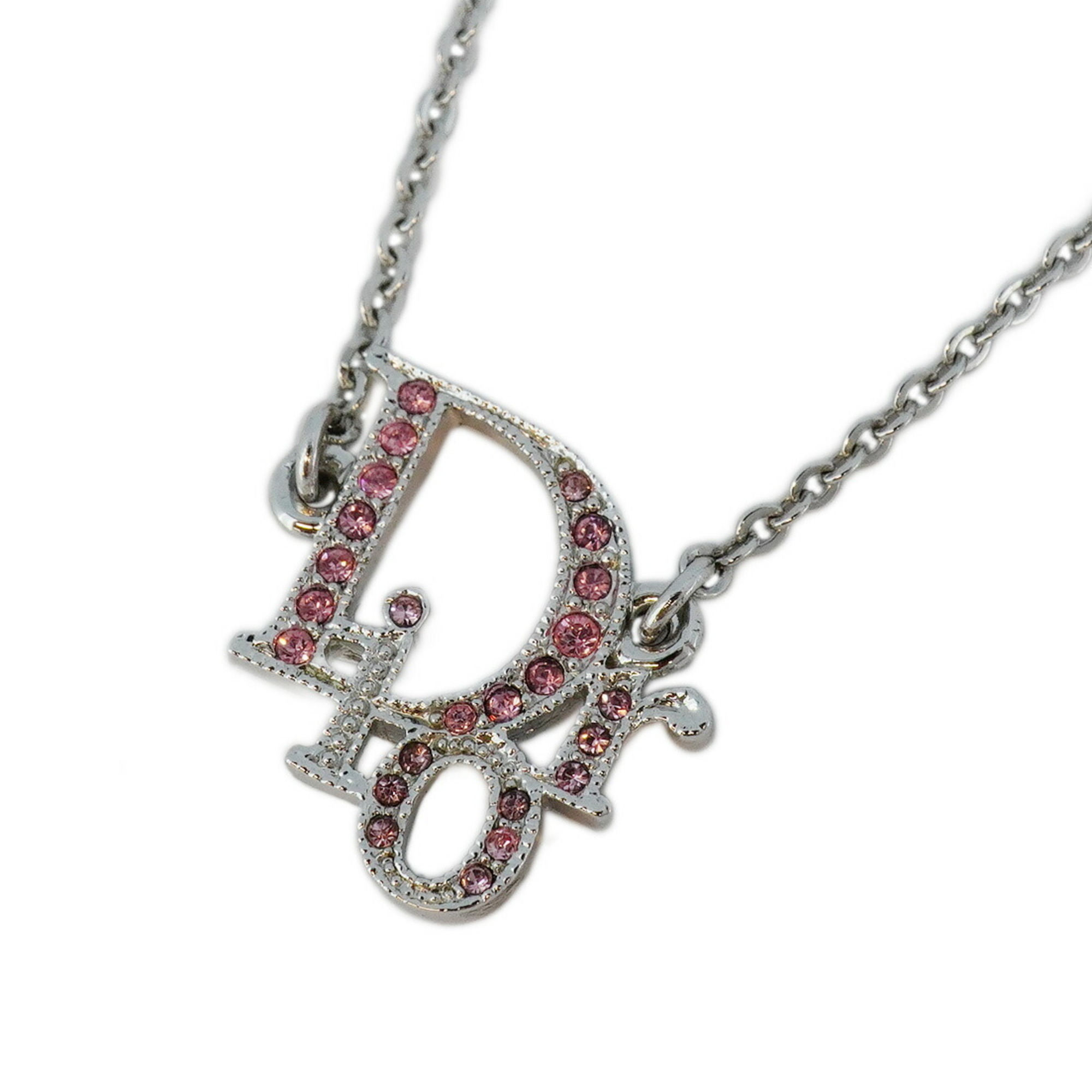 Christian Dior Necklace Rhinestone Metal Silver Pink Ladies