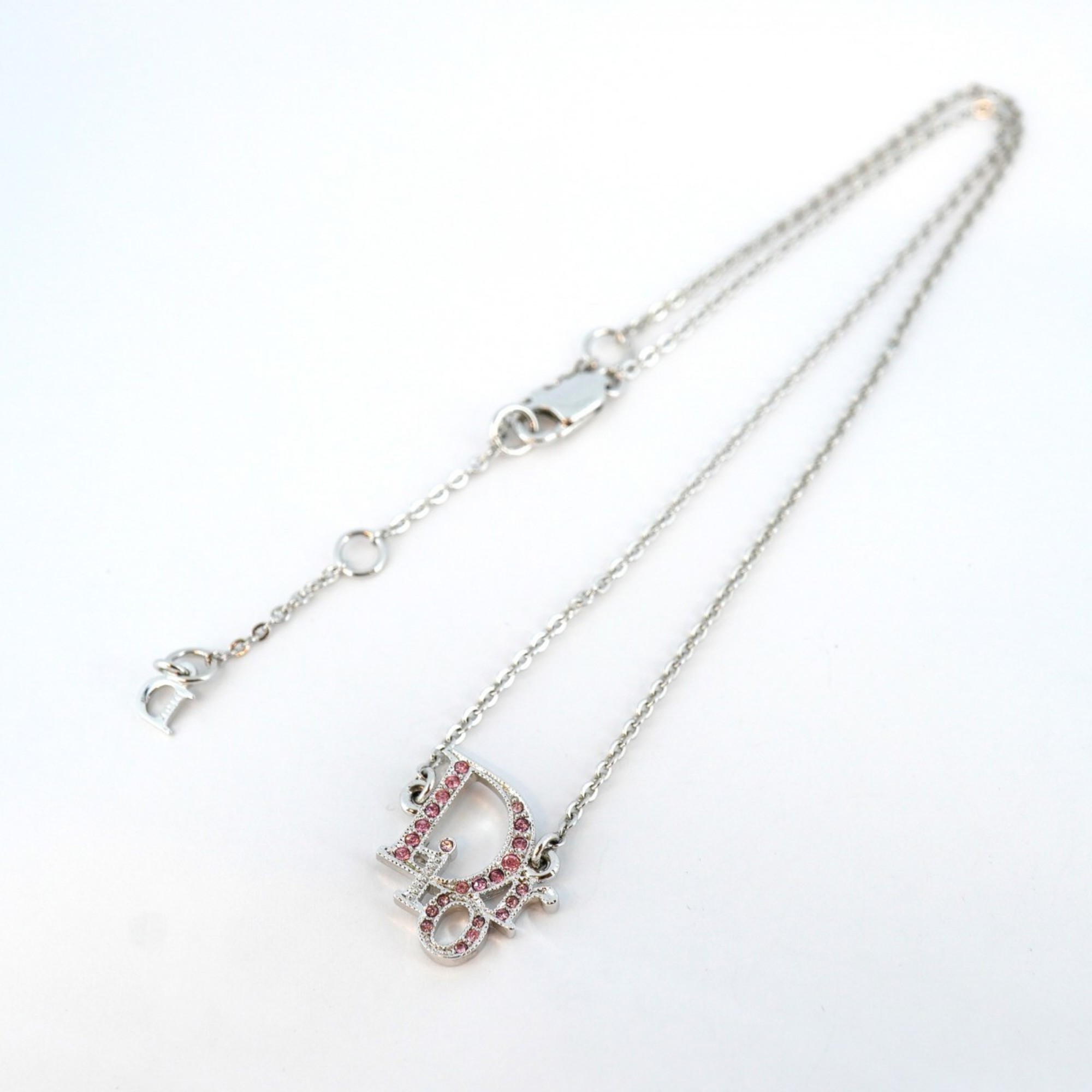 Christian Dior Necklace Rhinestone Metal Silver Pink Ladies