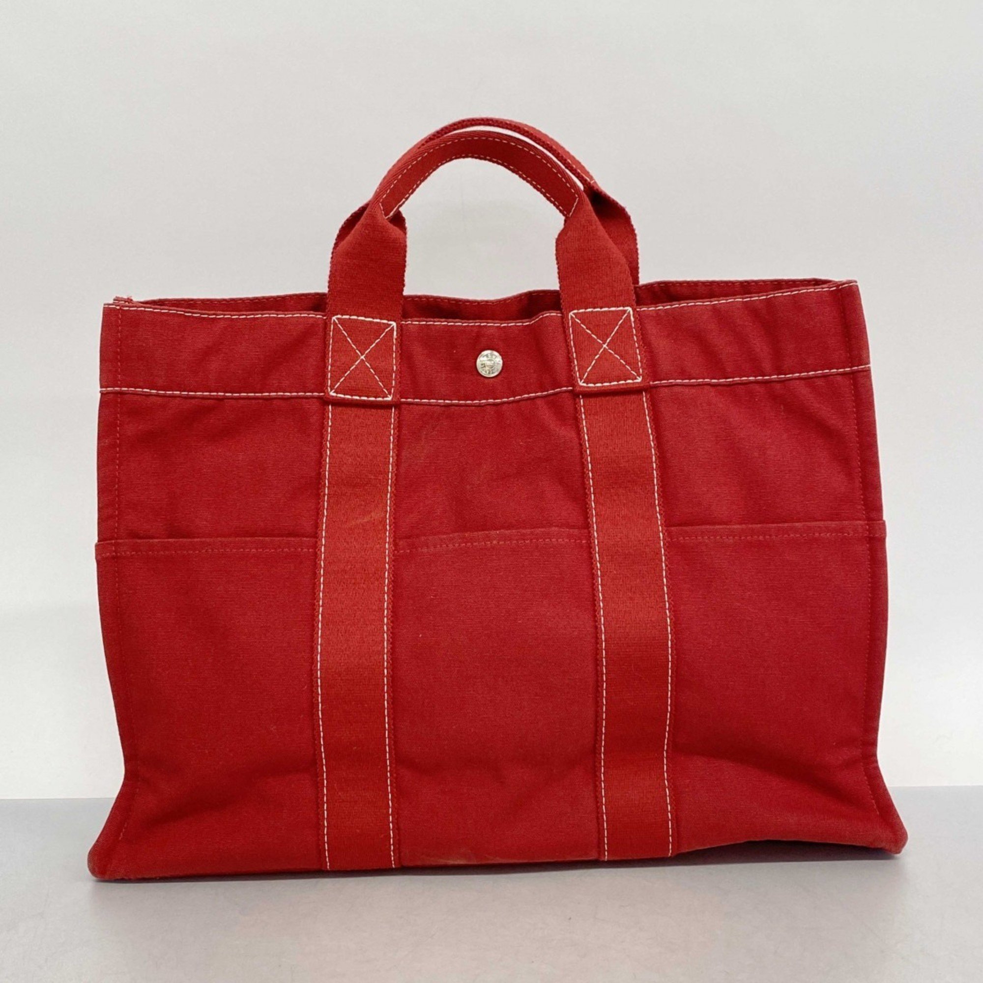 Hermes Tote Bag Deauville MM Canvas Red Women's