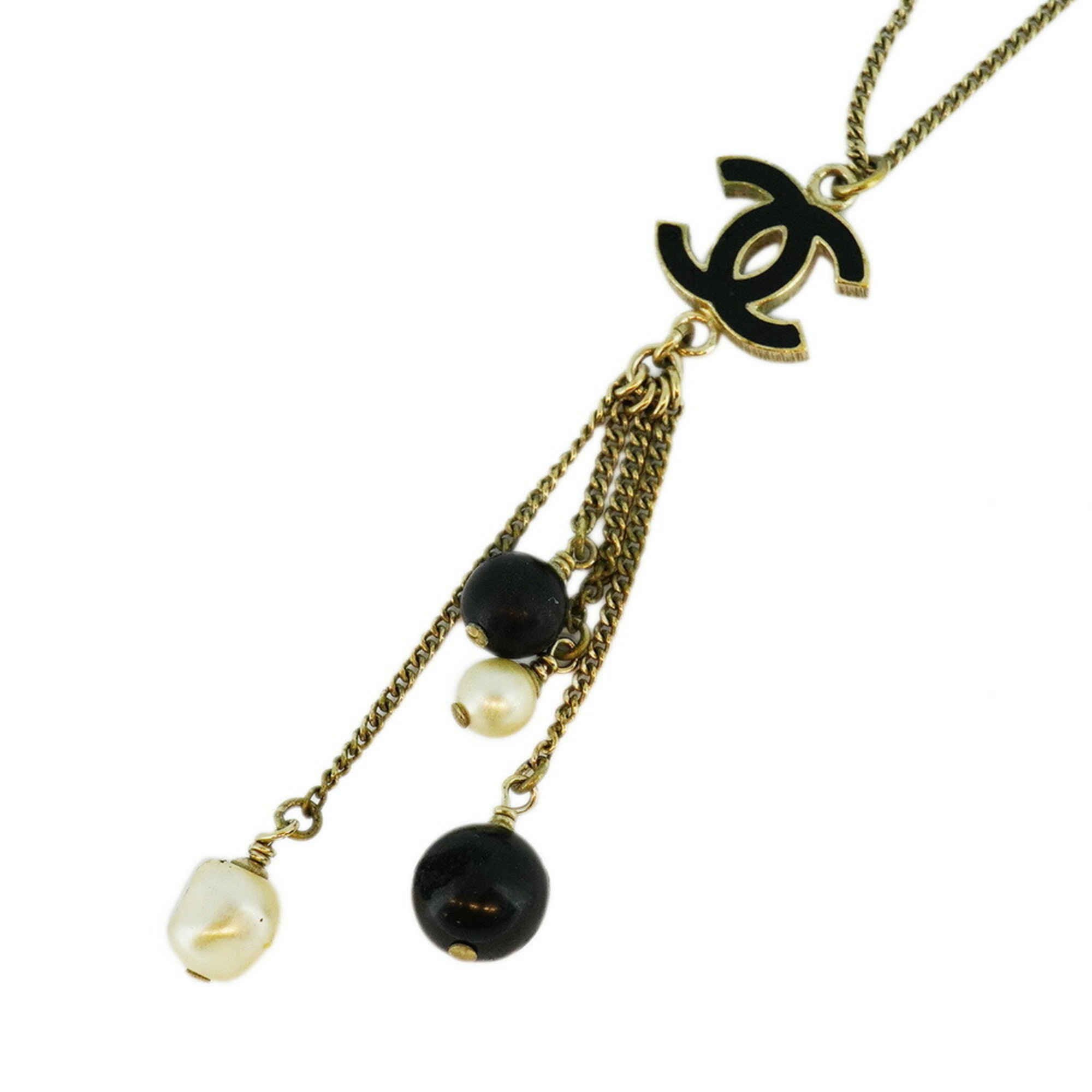 Chanel Necklace Coco Mark Fake Pearl Color Stone GP Plating Champagne Gold Black Ladies