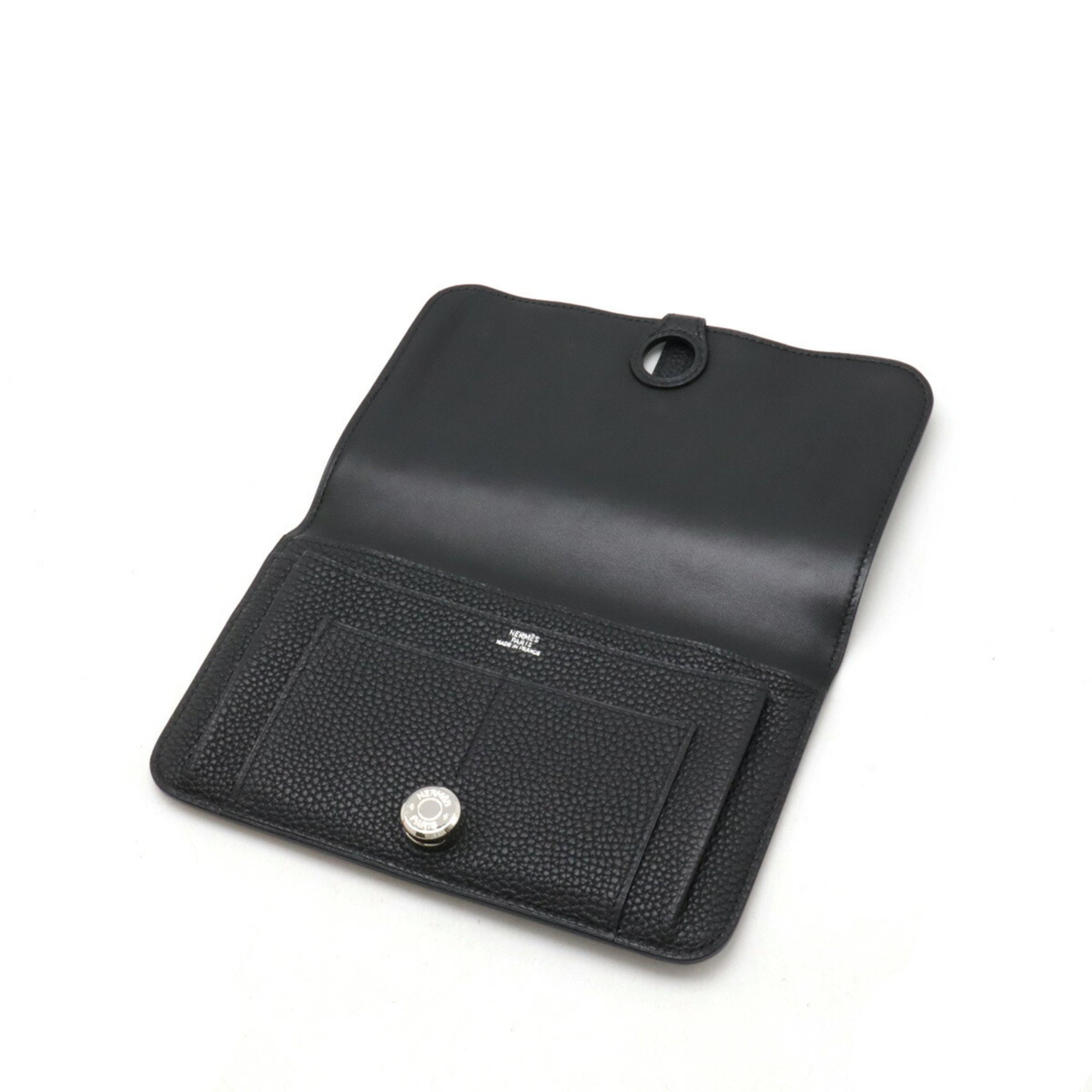 HERMES Dogon Duo GM Bi-fold long wallet Leather Black Coin pocket L engraved