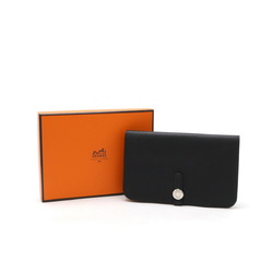 HERMES Dogon Duo GM Bi-fold long wallet Leather Black Coin pocket L engraved