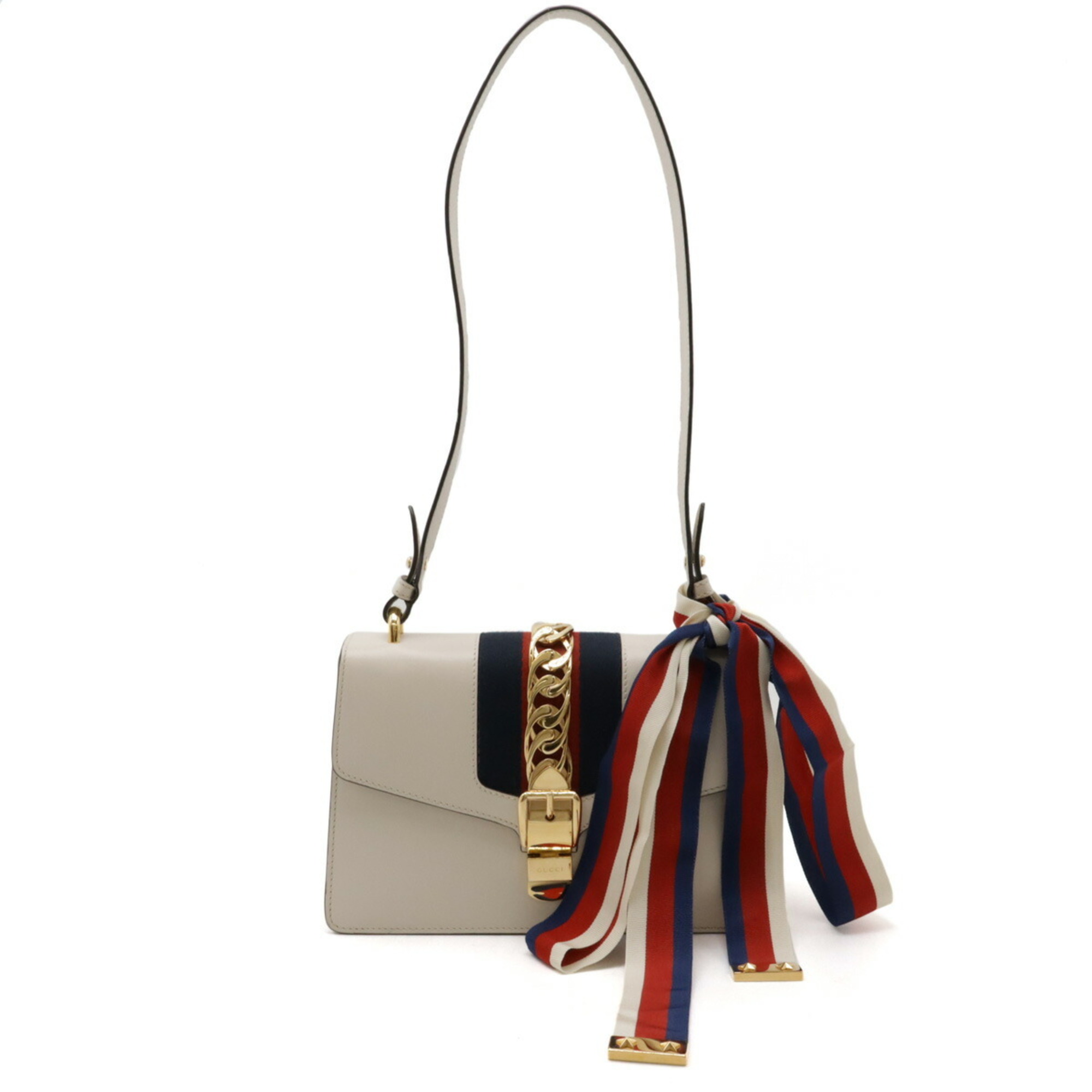 GUCCI Sylvie Sherry Line Ribbon Shoulder Bag Leather Off-White 421882