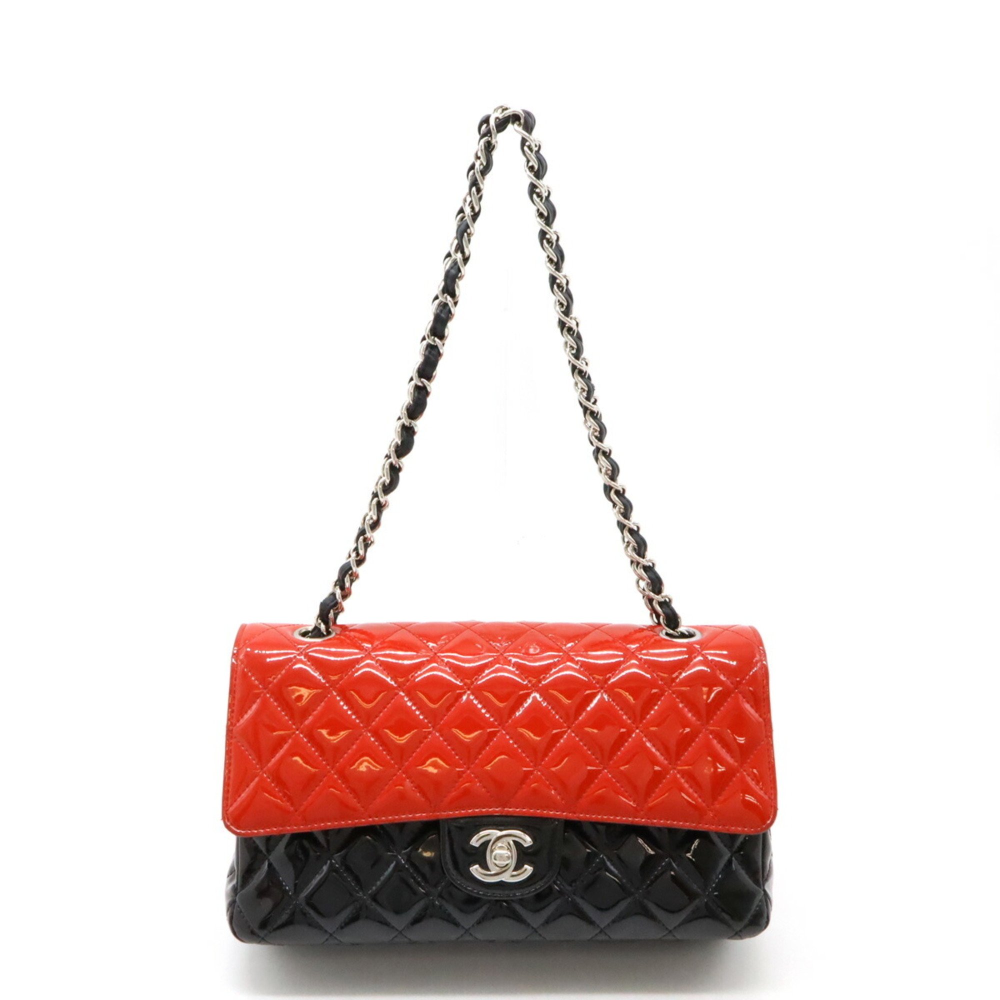 CHANEL Chanel Matelasse 25 Coco Mark Double Chain Shoulder Bag Bicolor Patent Leather Black Red