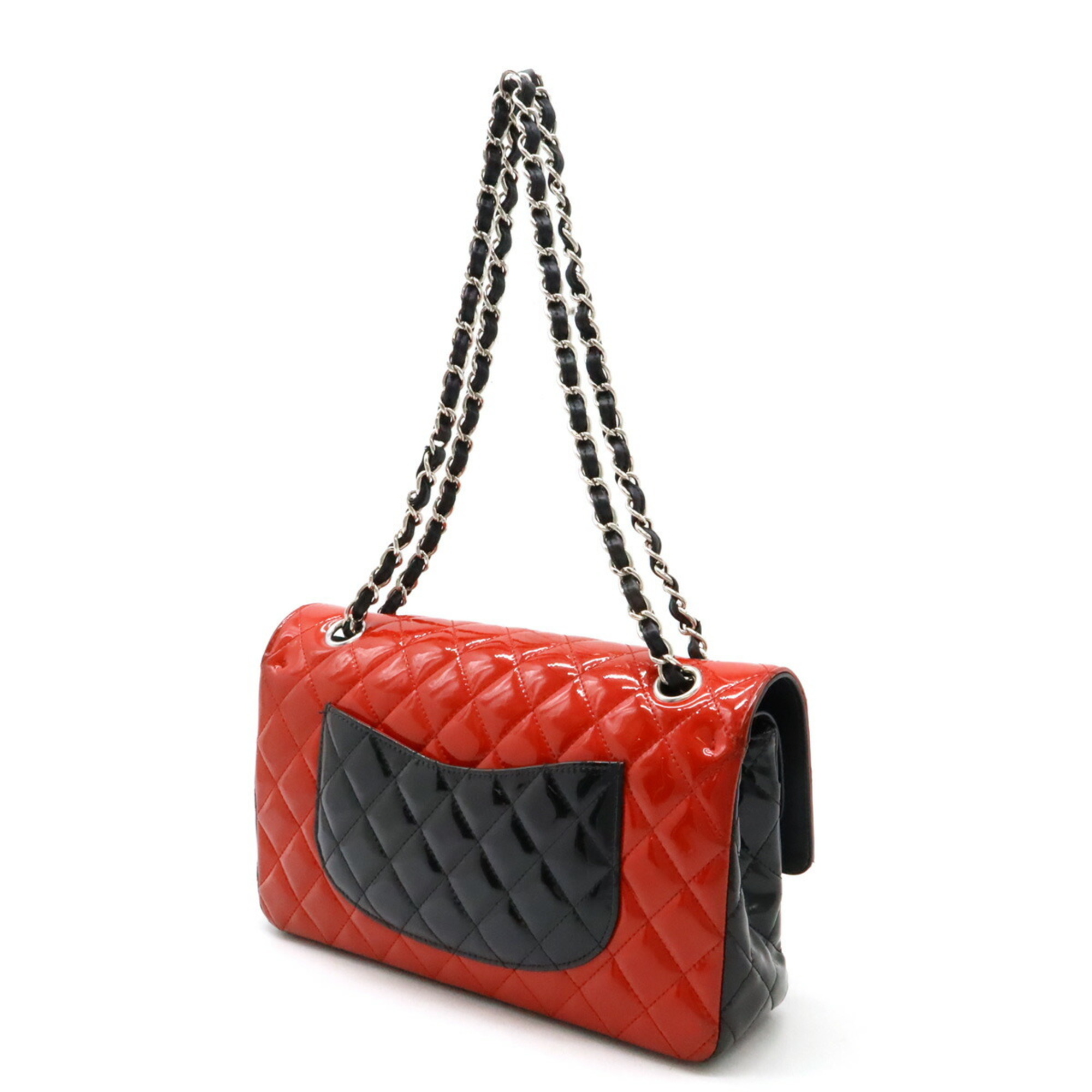 CHANEL Chanel Matelasse 25 Coco Mark Double Chain Shoulder Bag Bicolor Patent Leather Black Red