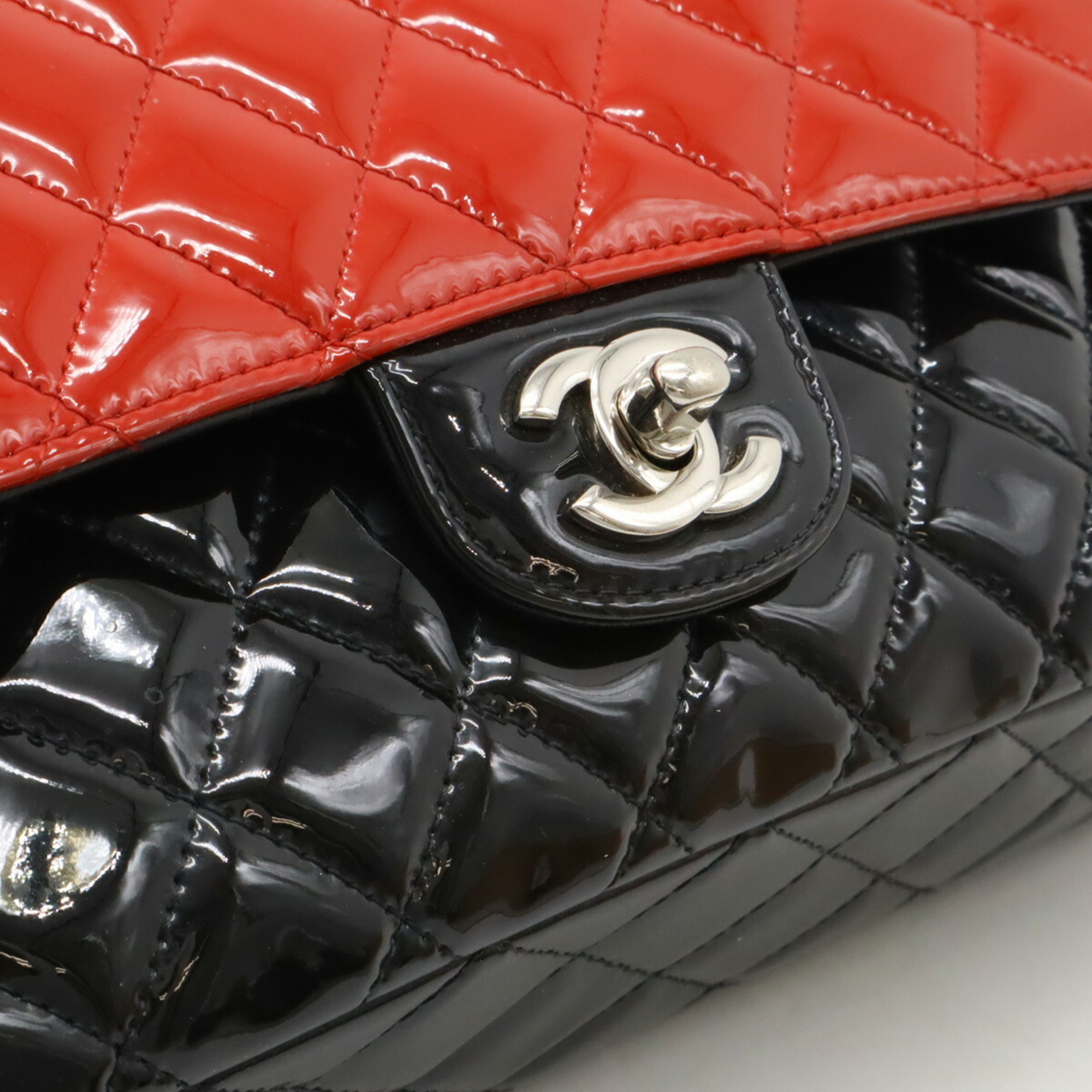 CHANEL Chanel Matelasse 25 Coco Mark Double Chain Shoulder Bag Bicolor Patent Leather Black Red