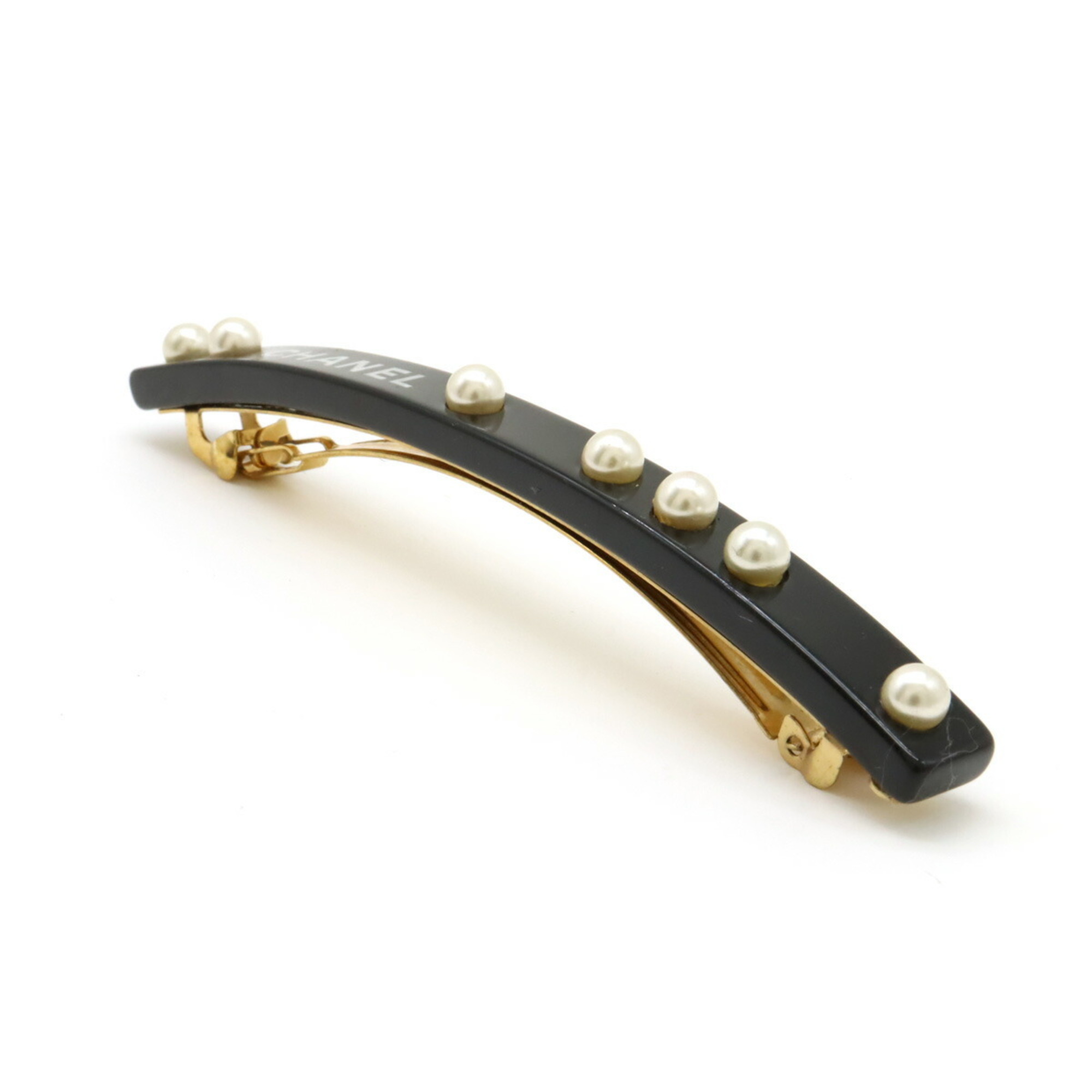 CHANEL Barrette Hair Clip Faux Pearl Black