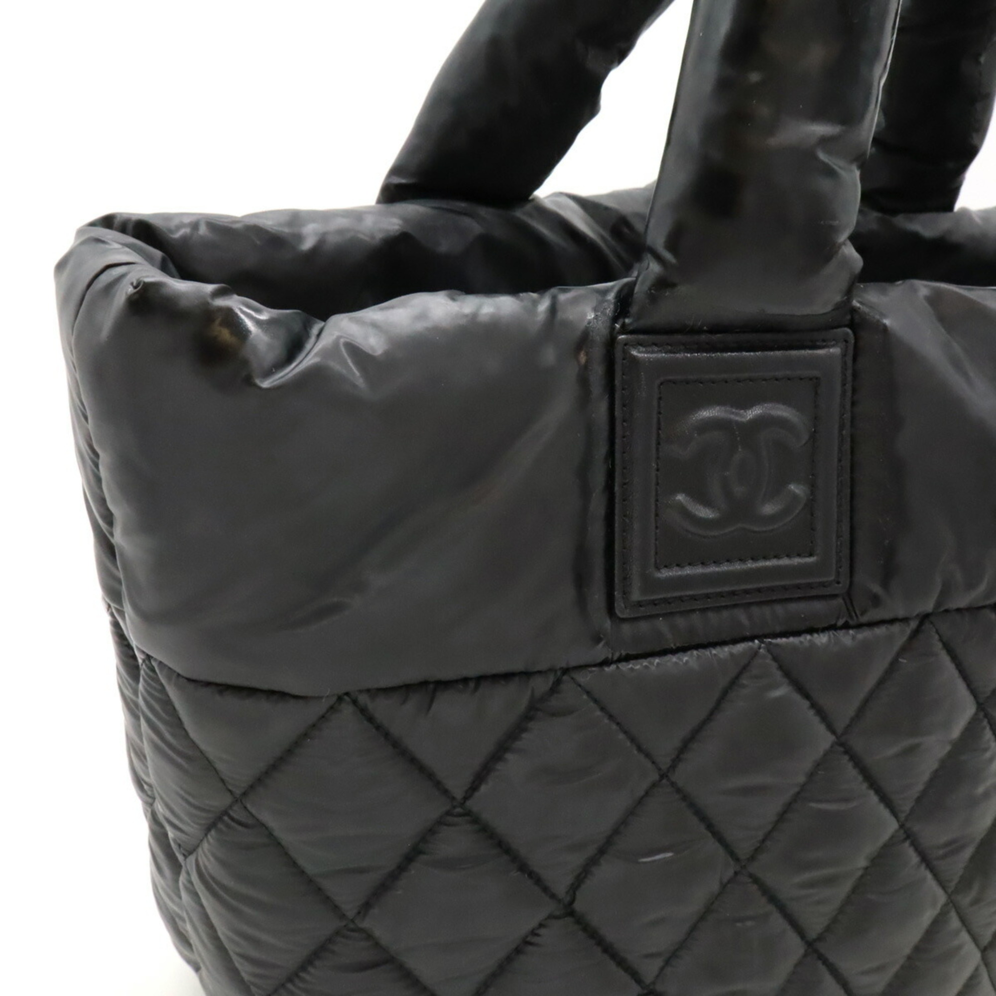 CHANEL Coco Cocoon Small Tote Bag Handbag Quilted Nylon Leather Black 8610