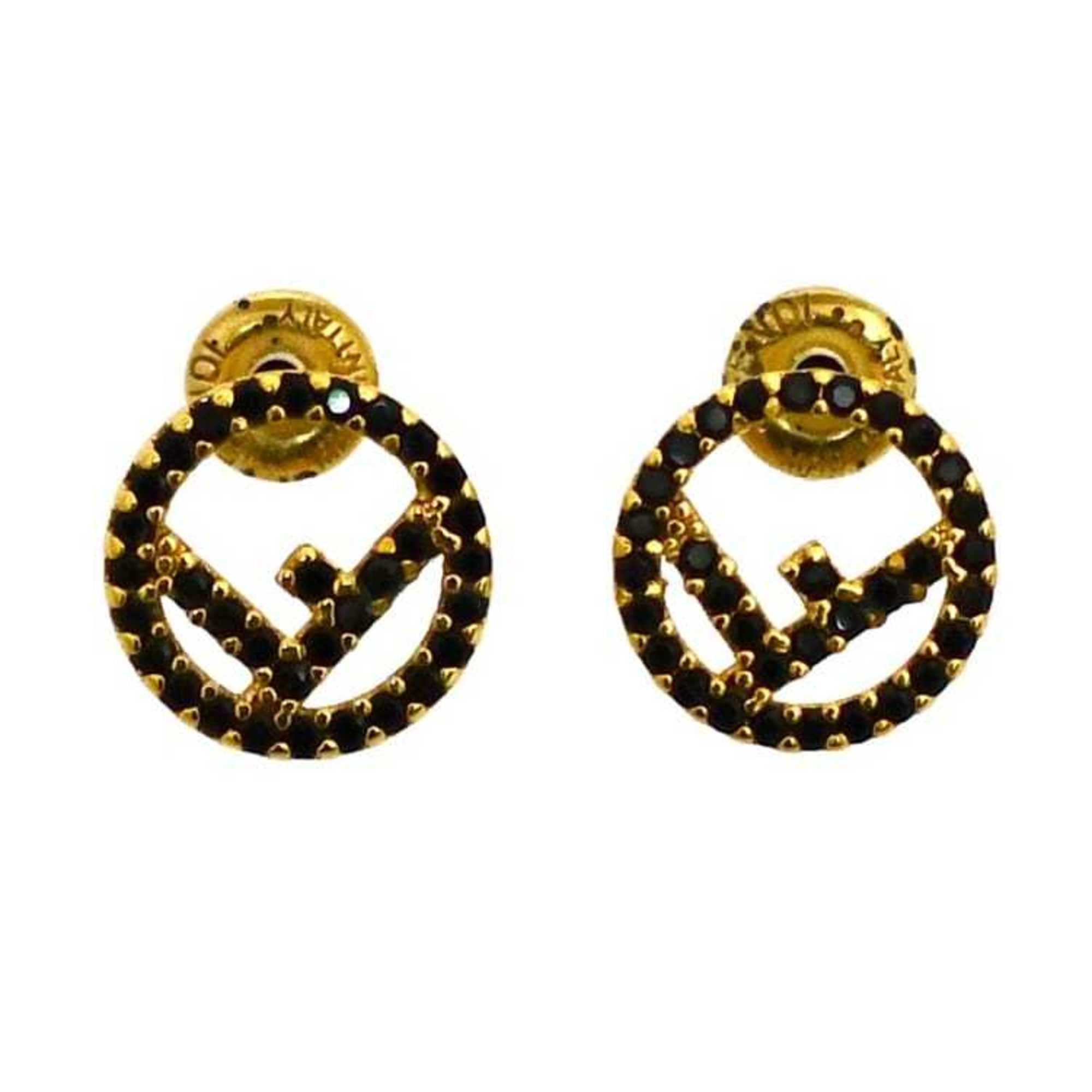 Fendi Earrings f-21376 Gold Black F is Rhinestone GP 1010 FENDI Women's