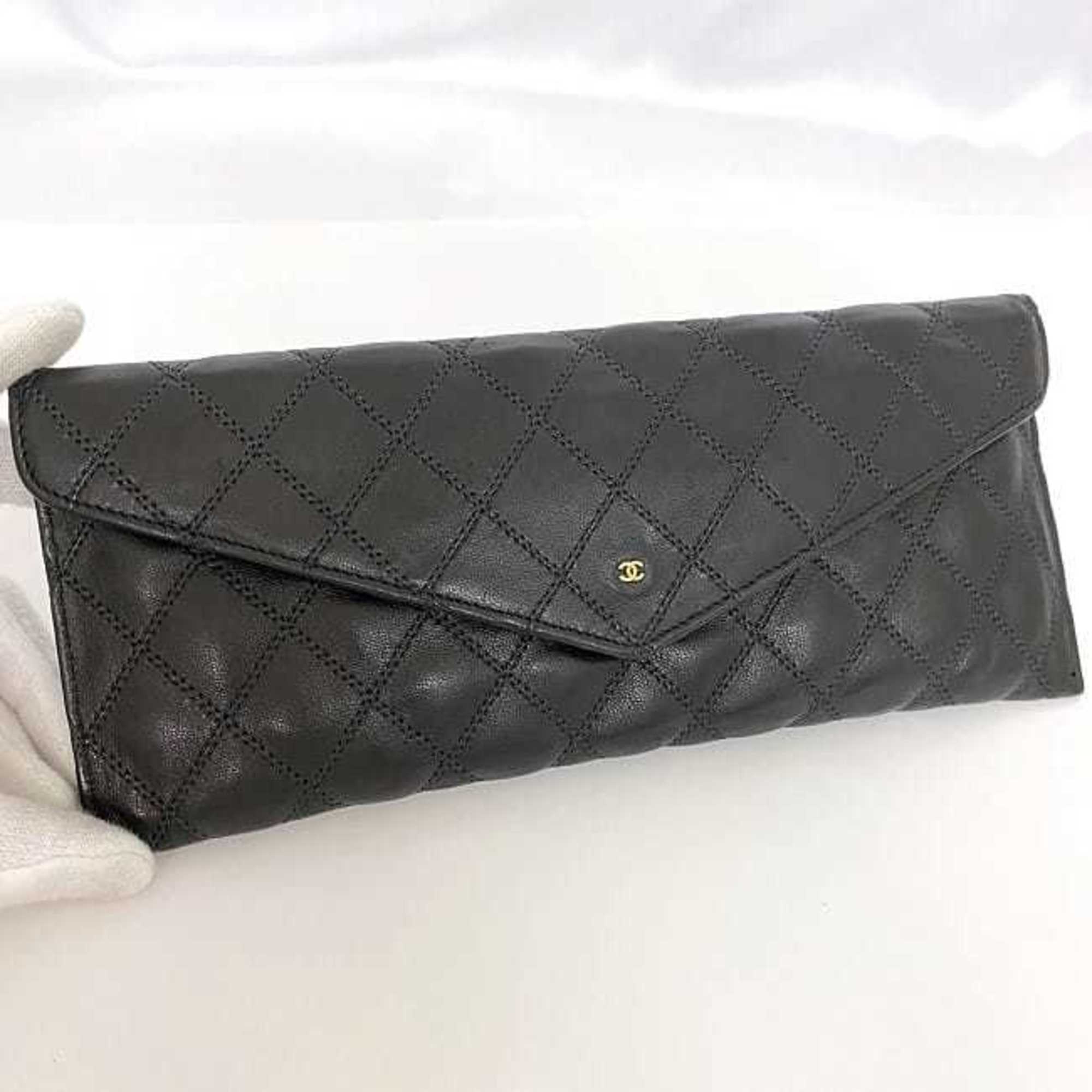 Chanel pouch f-21471 black bicolor leather CHANEL Coco mark stitching quilting ladies flap