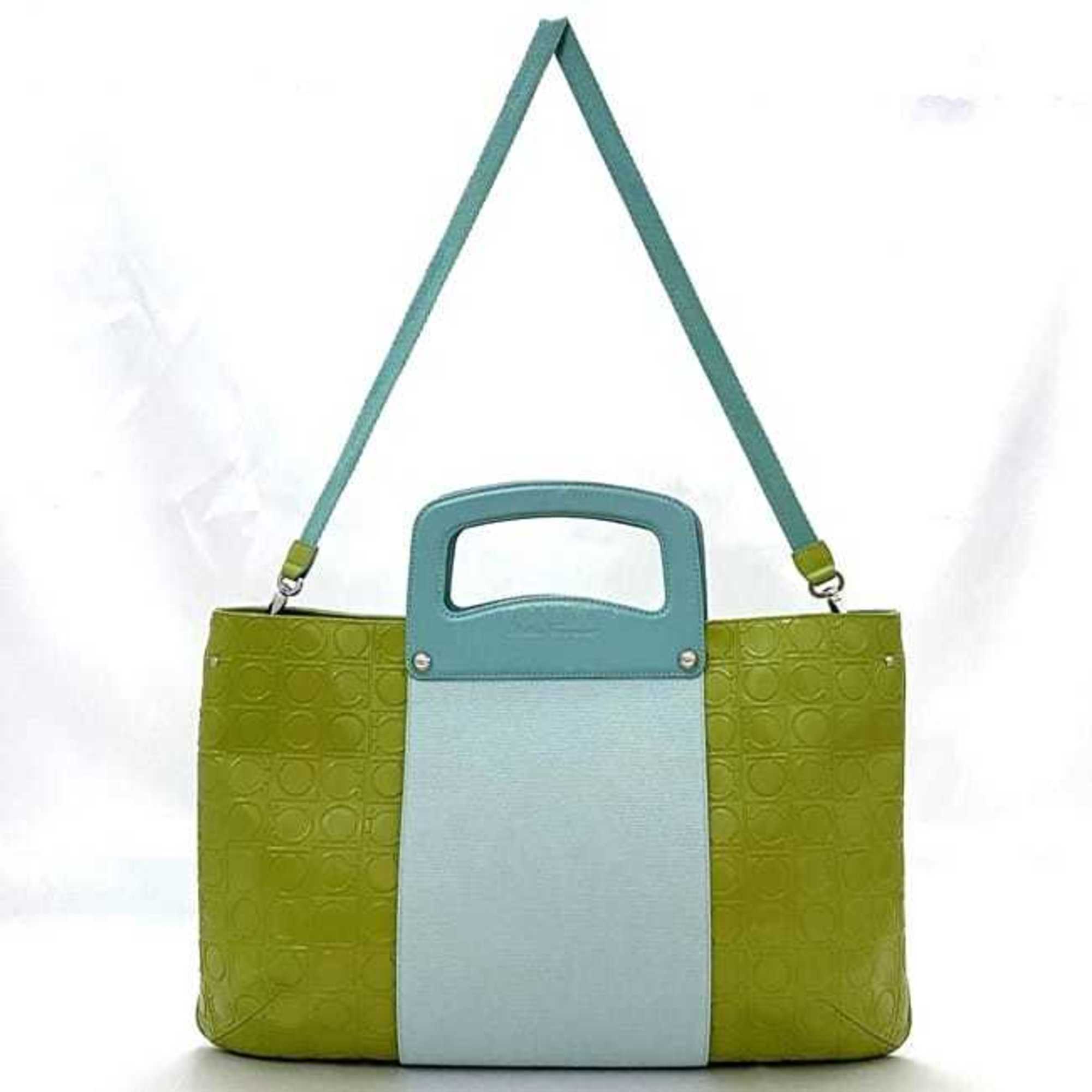 Salvatore Ferragamo 2way bag ec-21453 light blue green Gancini EZ-21 5369 handbag leather bicolor ladies